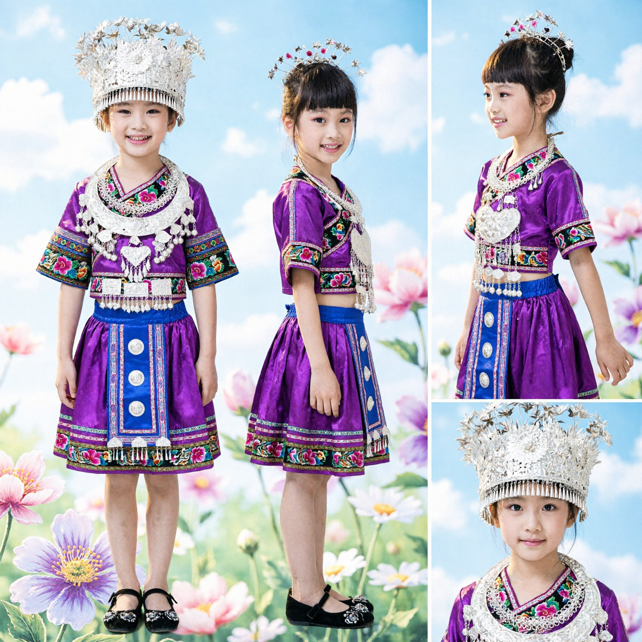 Girls Traditional Chinese Miao Ethnic Costume Purple Embroidered Dress Silver Headpiece Set for Kids Folk Dance Performance