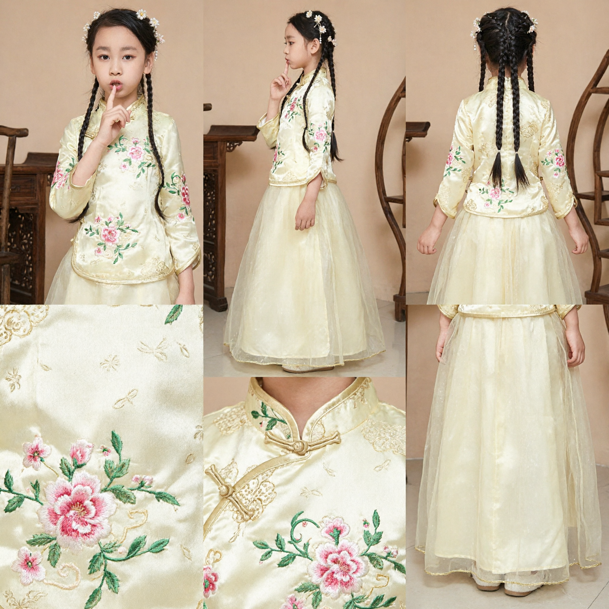 Girls Traditional Chinese Hanfu Costume Kids Embroidered Floral Tang Suit Top and Tulle Skirt Set for Wedding