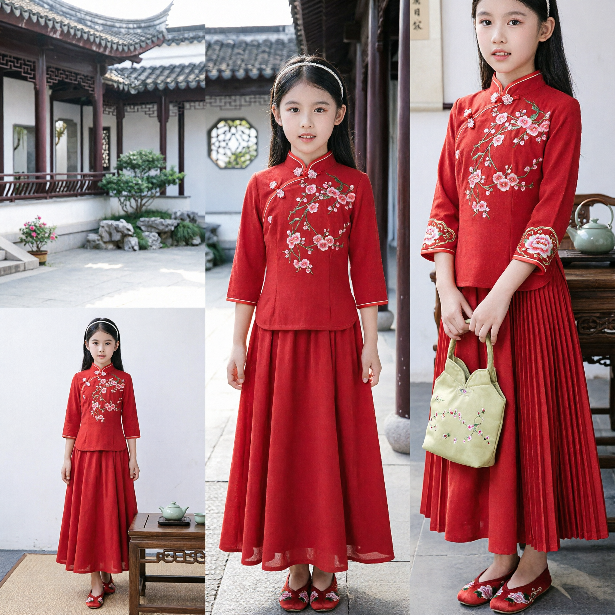 Girls Red Chinese Traditional Cheongsam Dress Kids Embroidered Tang Suit Two Piece Set for Spring Festival Wedding