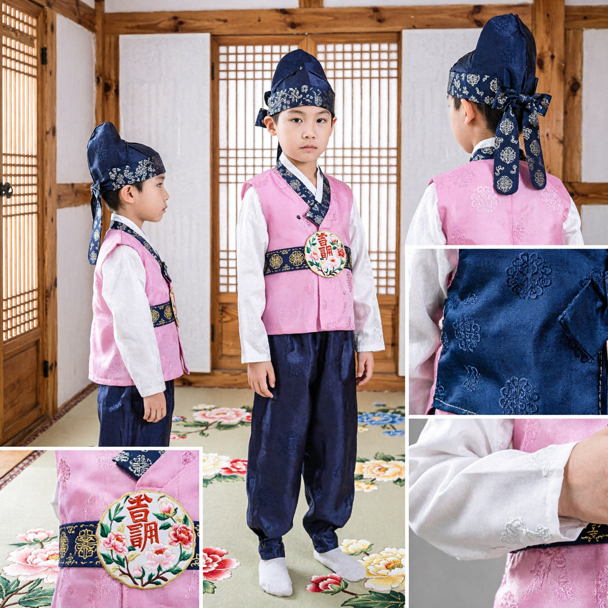 Boys Traditional Korean Hanbok Set Pink Vest Navy Pants Costume for Wedding Dol Party