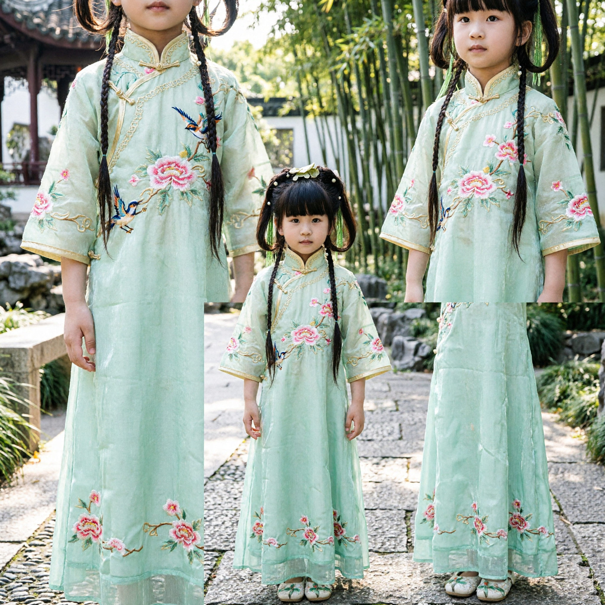 Traditional Chinese Green Hanfu Dress for Girls Kids Ancient Embroidered Costume for Performance