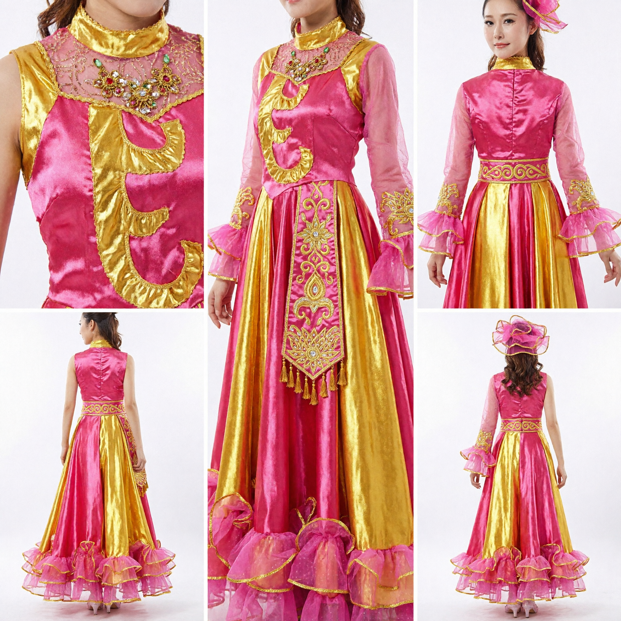 Women's Traditional Chinese Folk Dance Costume Pink and Gold Yangge Dress Stage Performance Outfit