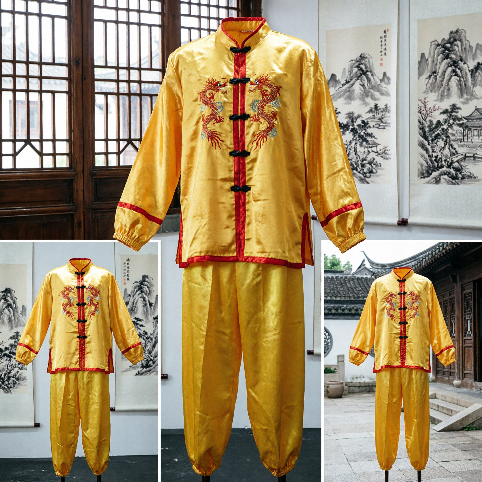 Yellow Silk Kung Fu Uniform Traditional Chinese Dragon Embroidery Martial Arts Tai Chi Costume Set