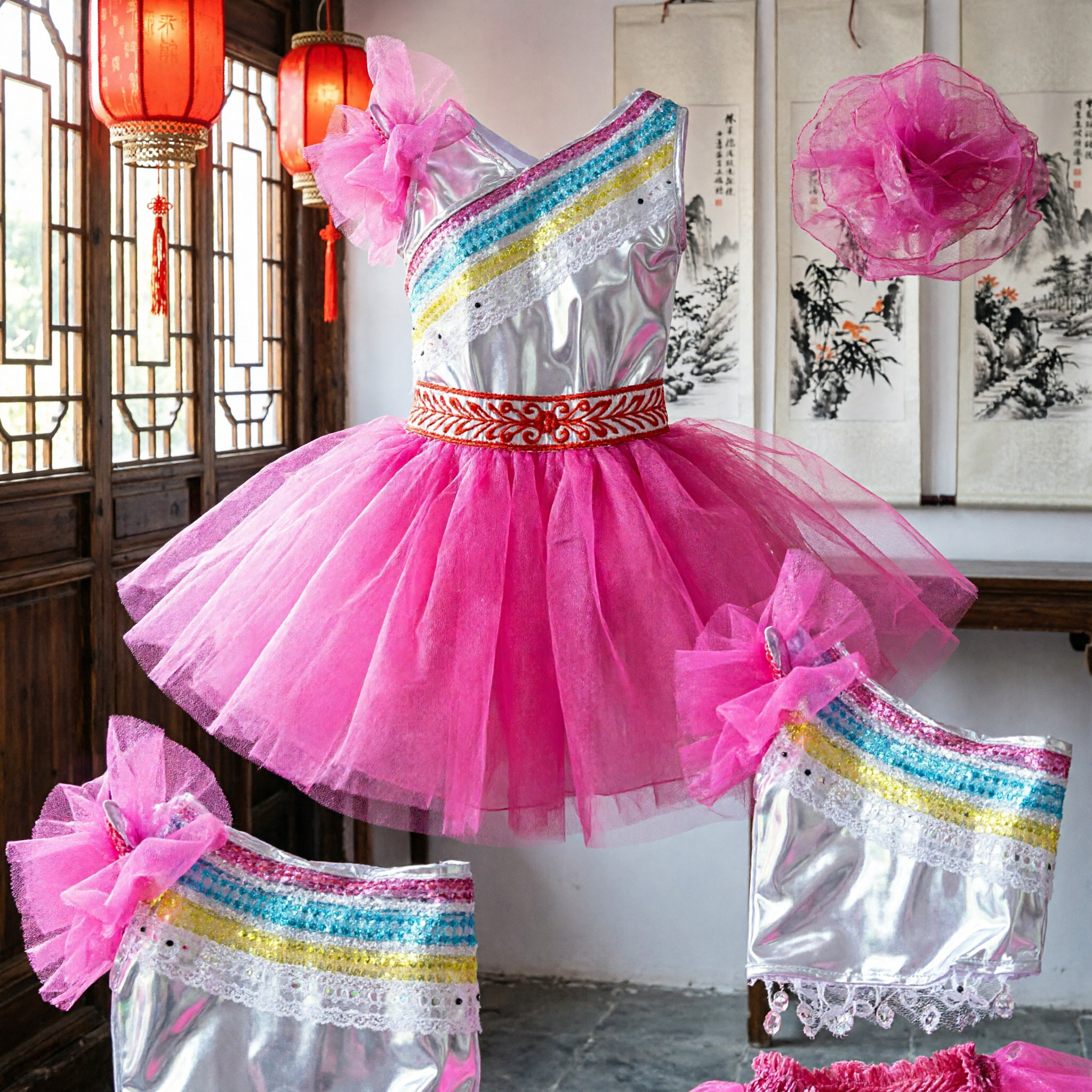 Children Girls Pink Folk Dance Costume Set Silver Sequin Top Tulle Tutu Skirt Stage Performance Outfit