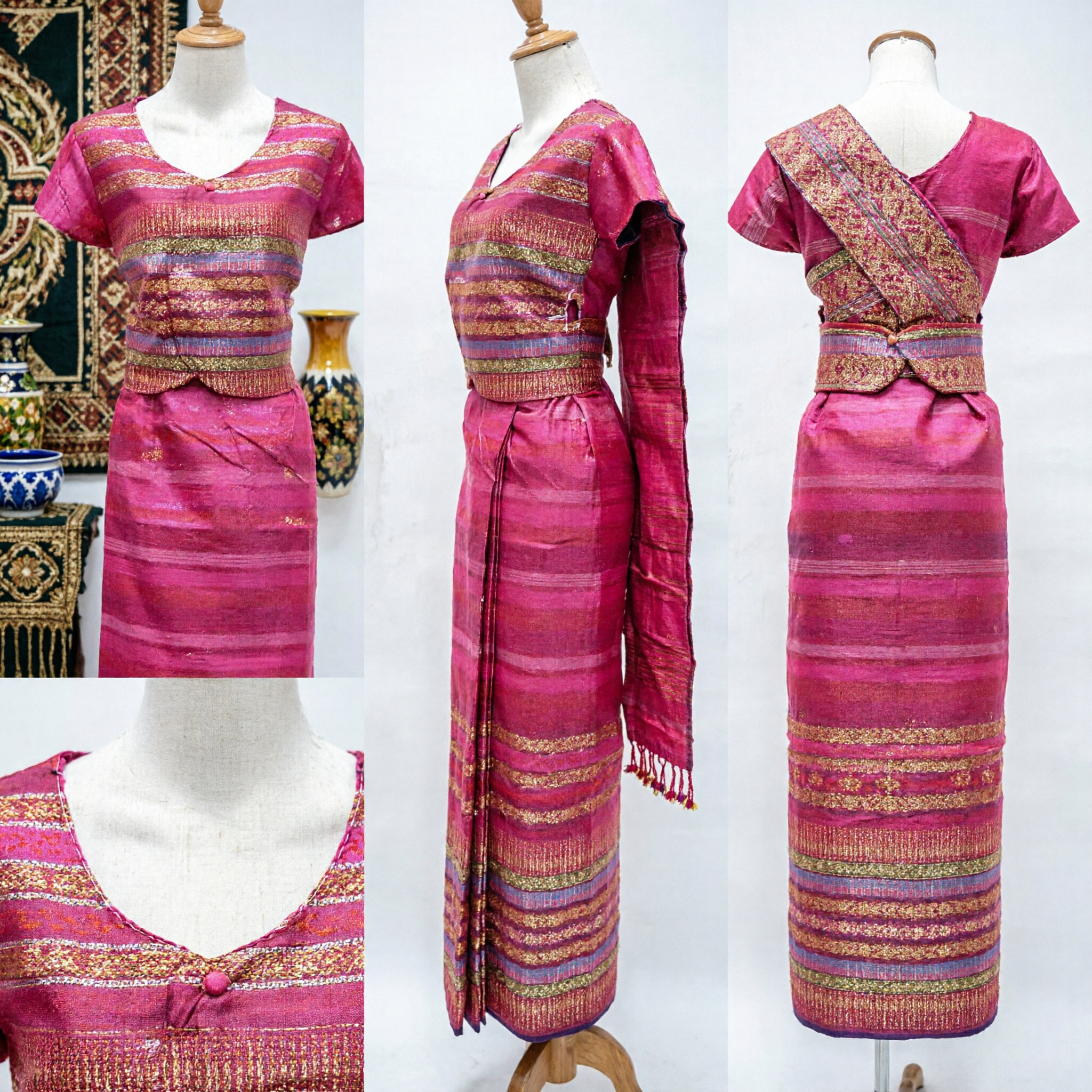 Vibrant Pink Thai Traditional Dress Chut Thai Silk Costume with Gold Brocade for Women Dance Performance