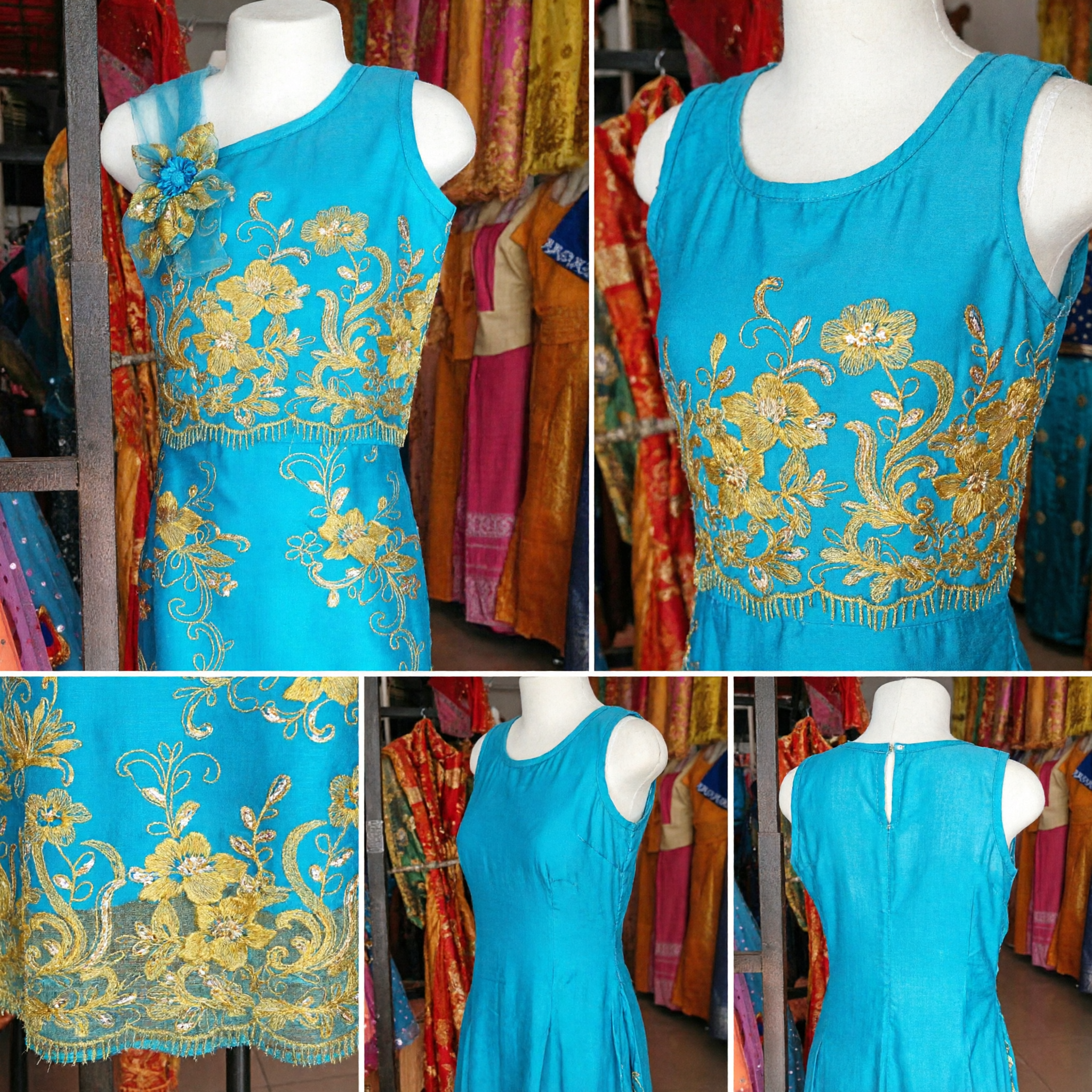 Elegant Blue One-Shoulder Cheongsam Dress with Gold Floral Embroidery Traditional Chinese Qipao for Women