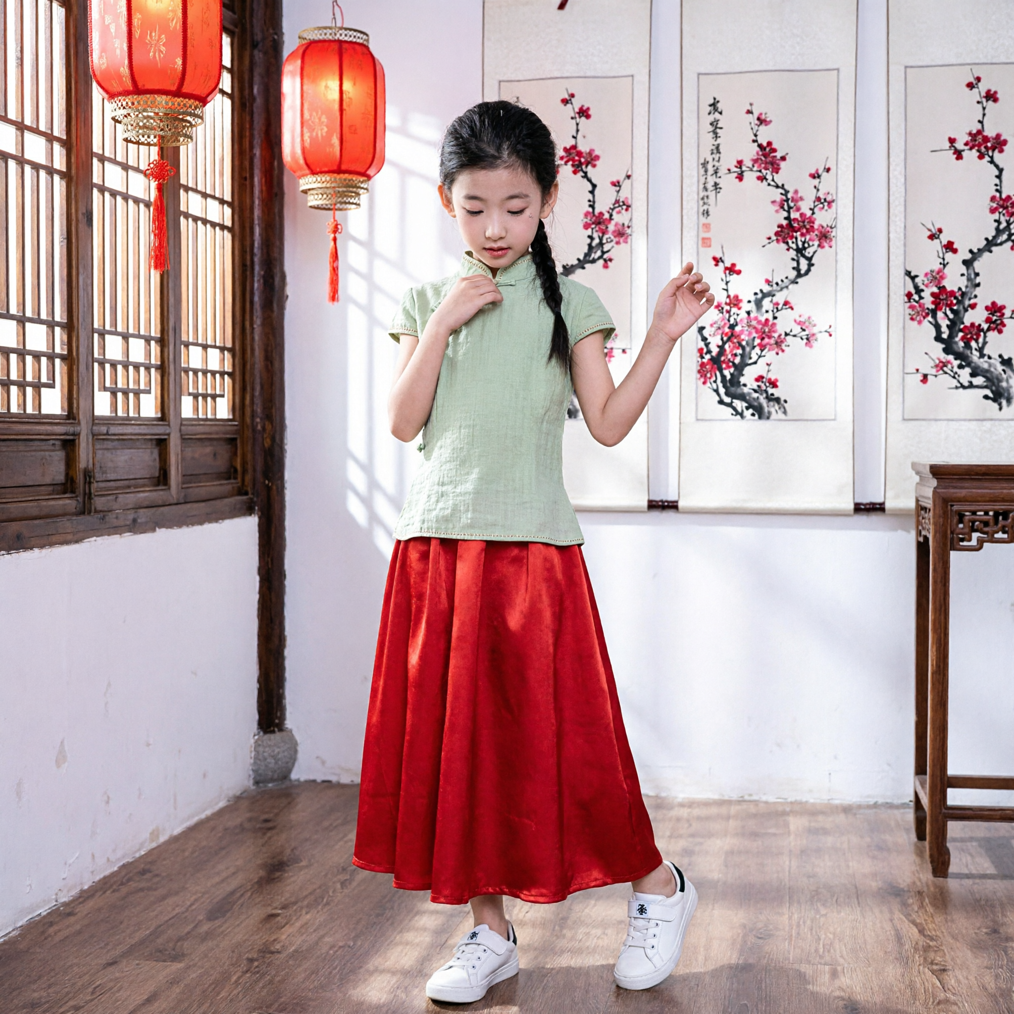 Traditional Chinese Hanfu for Girls Summer Cotton Linen Tang Suit Red Skirt Green Top Kids Outfit