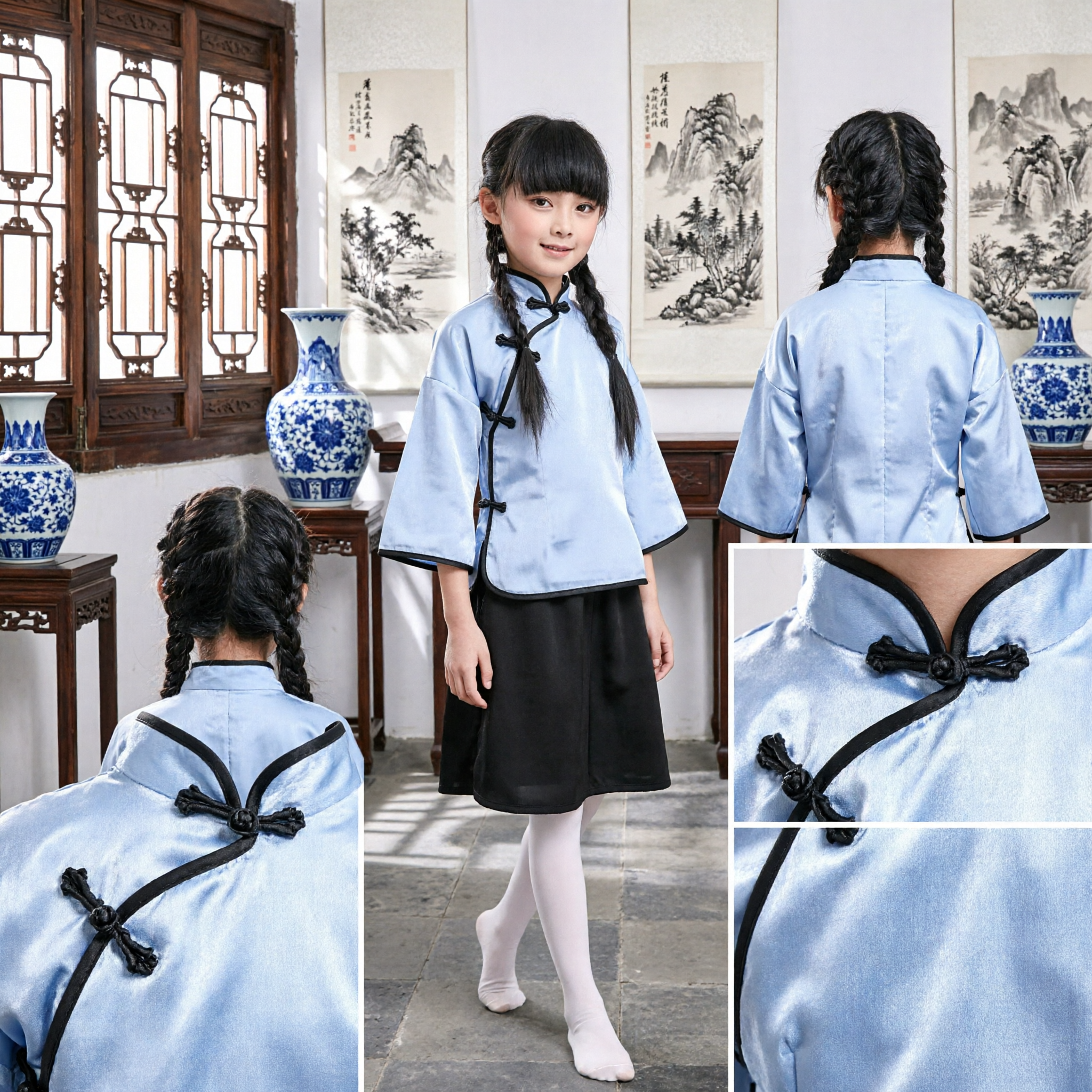 Girls Traditional Chinese Republican Era Student Uniform Blue Blouse Black Skirt Performance Costume Set