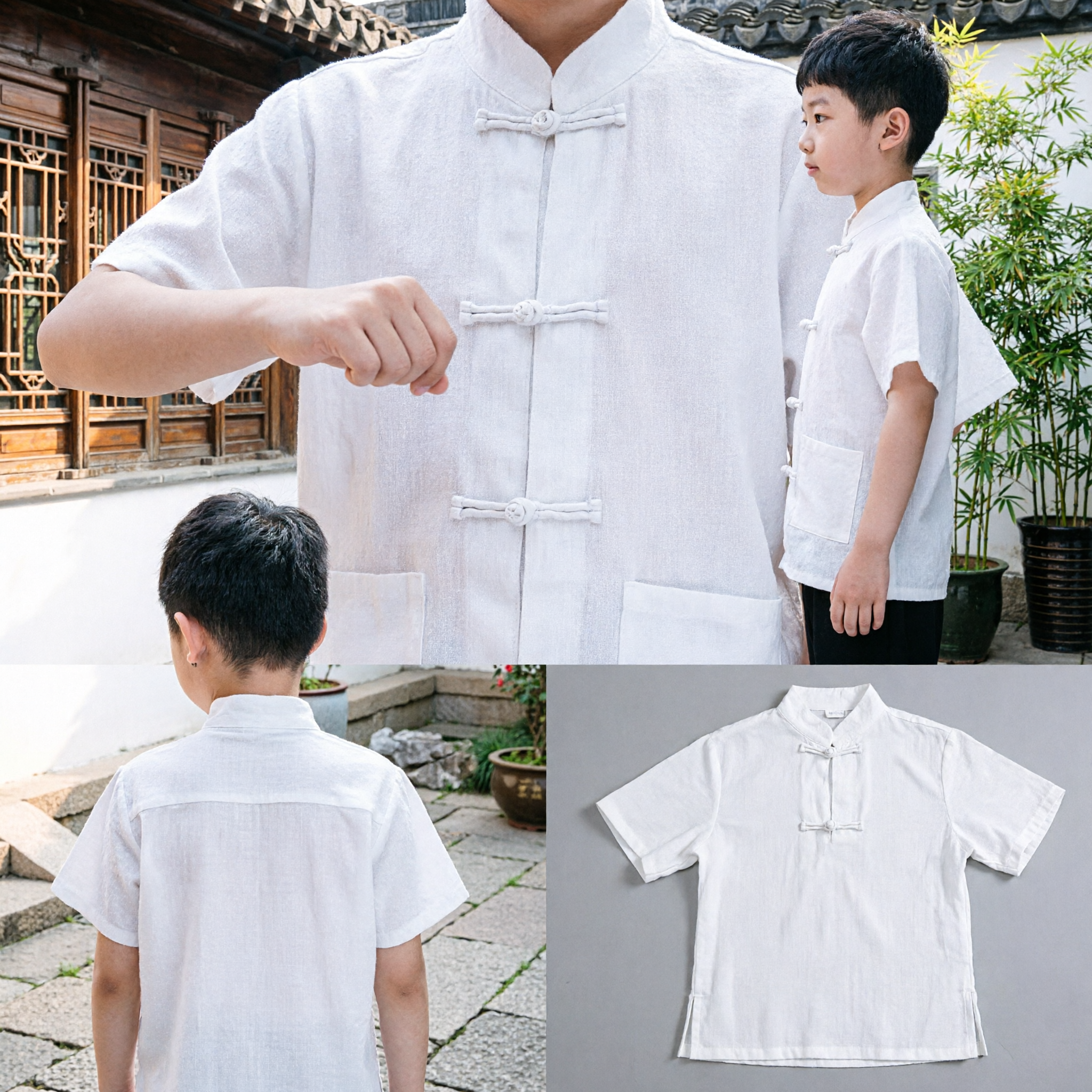 Boys Traditional Chinese Tang Suit Short Sleeve White Shirt Mandarin Collar Kung Fu Uniform for Kids