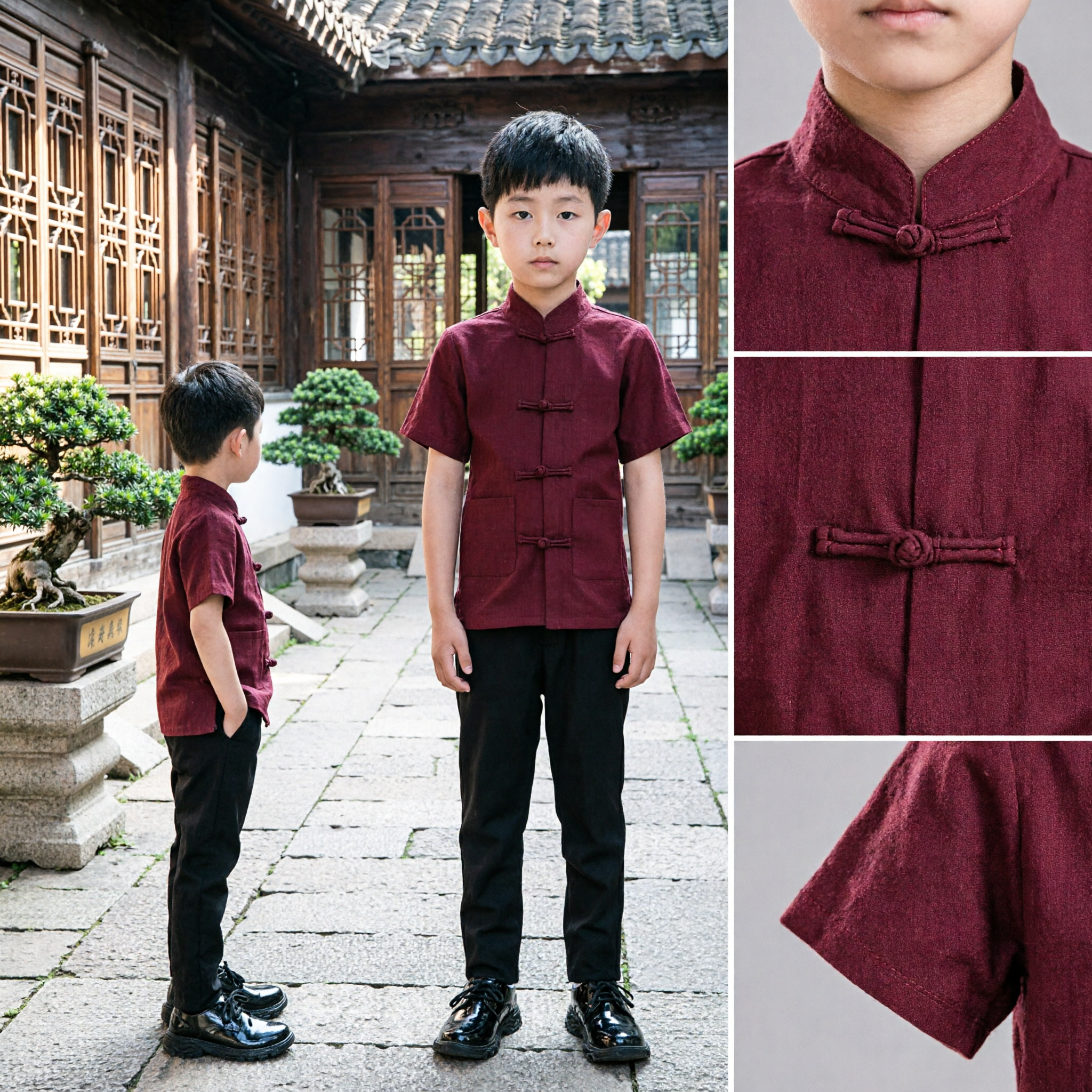 Boys Traditional Chinese Tang Suit Outfit Kids Kung Fu Shirt Pants Set for Wedding Festival