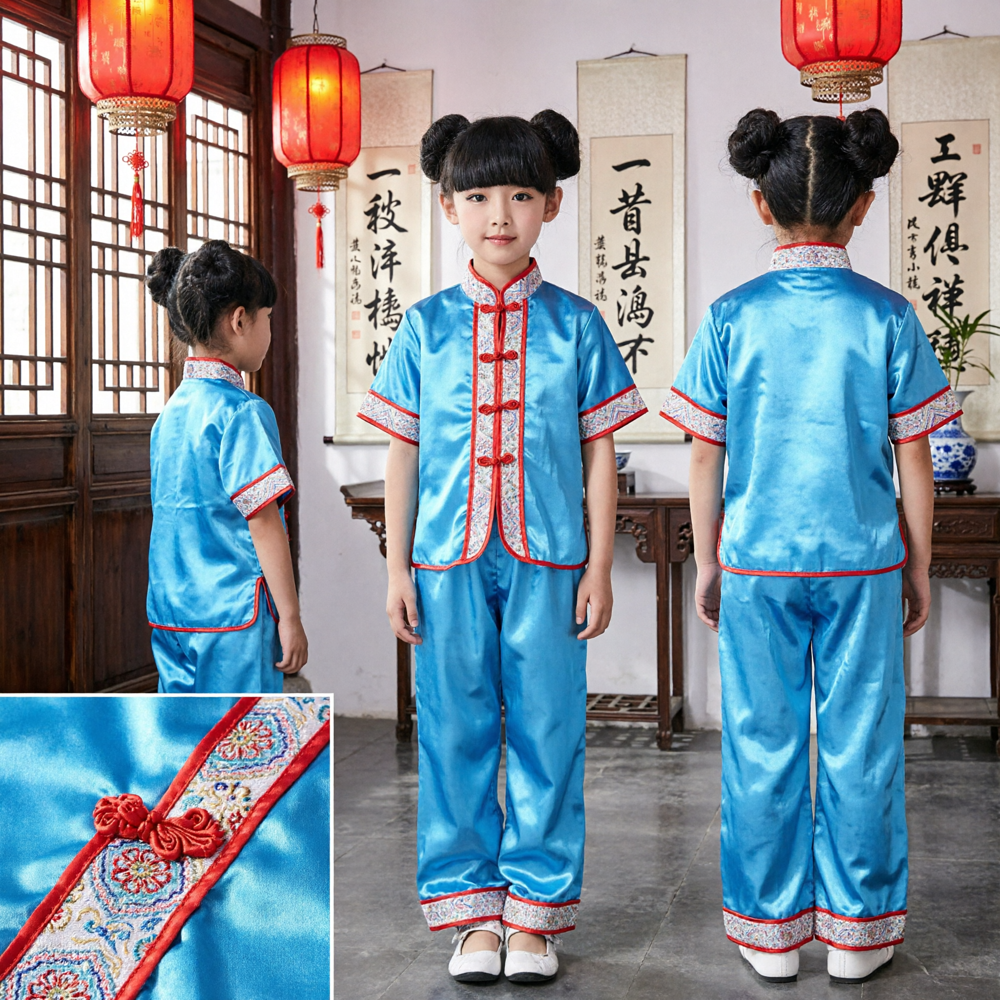 Girls Blue Chinese Traditional Kung Fu Suit Kids Tang Costume for Martial Arts Performance