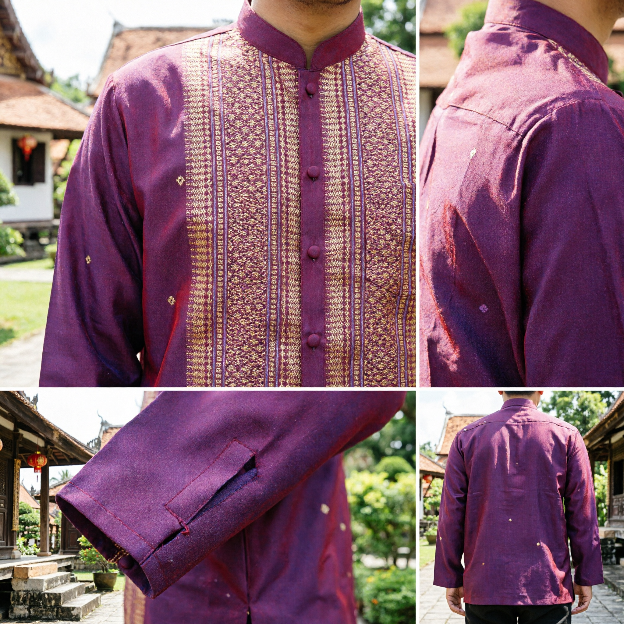 Luxury Men's Traditional Thai Silk Shirt Burgundy Gold Brocade Mandarin Collar Formal Wedding Attire
