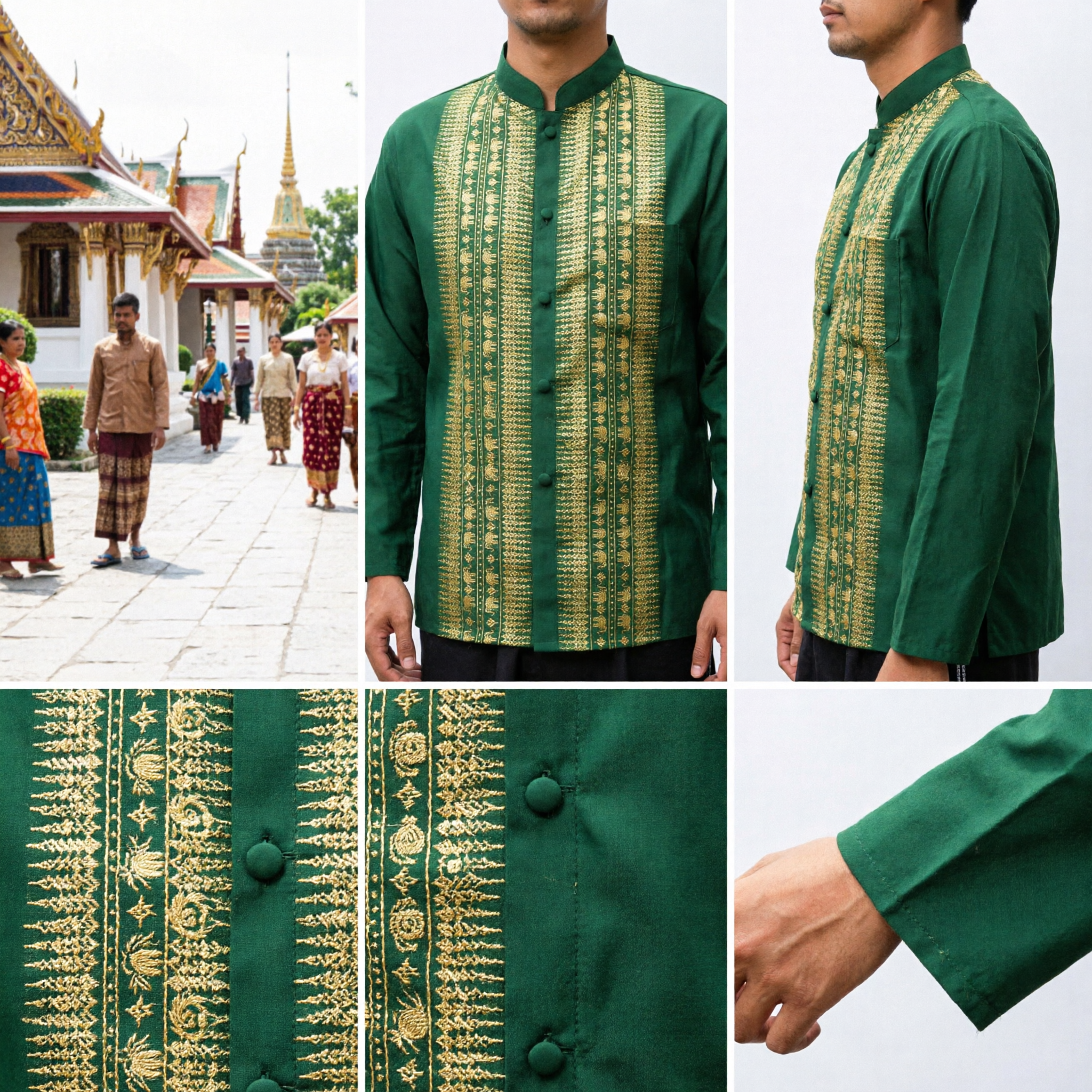 Men's Emerald Green Thai Silk Shirt Gold Elephant Motif Traditional Formal Wedding Suea Pat
