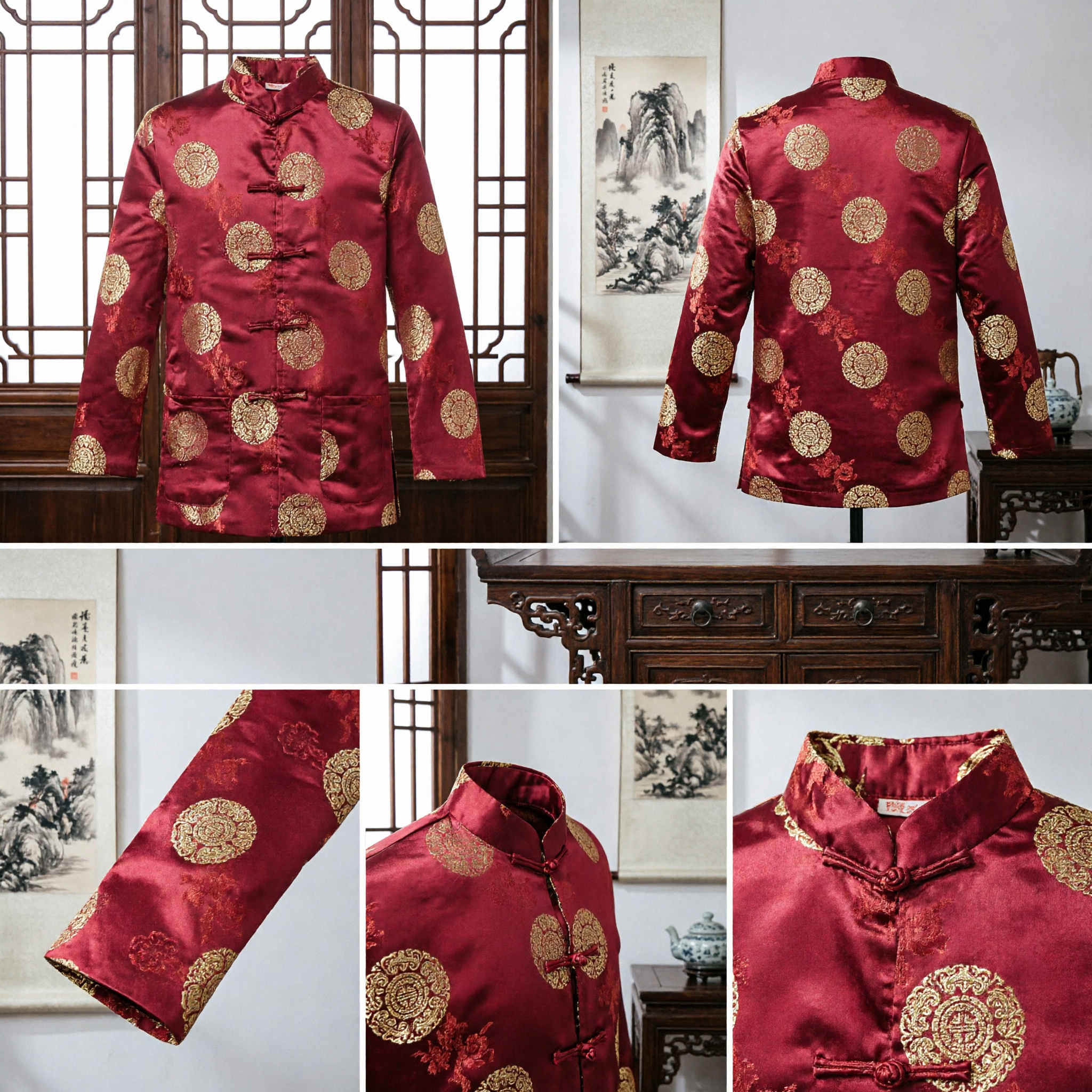 Men's Traditional Chinese Tang Suit Red Silk Brocade Mandarin Collar Kung Fu Shirt for Wedding Festival