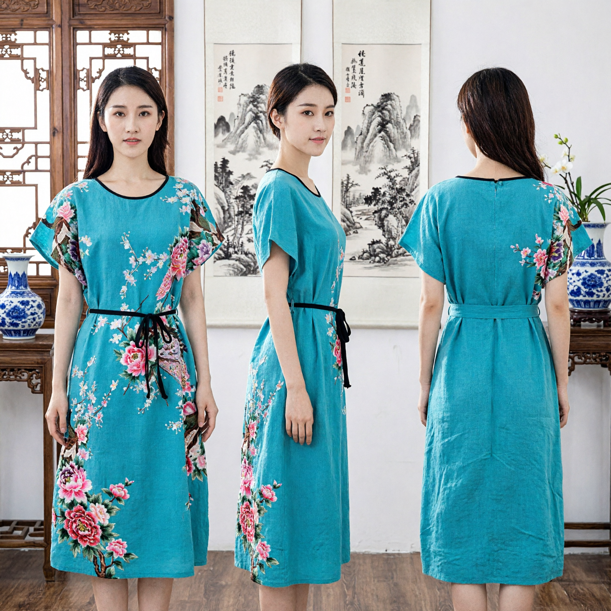 Elegant Blue Floral Print Chinese Traditional Dress Women Modern Hanfu Style Summer Casual Outfit