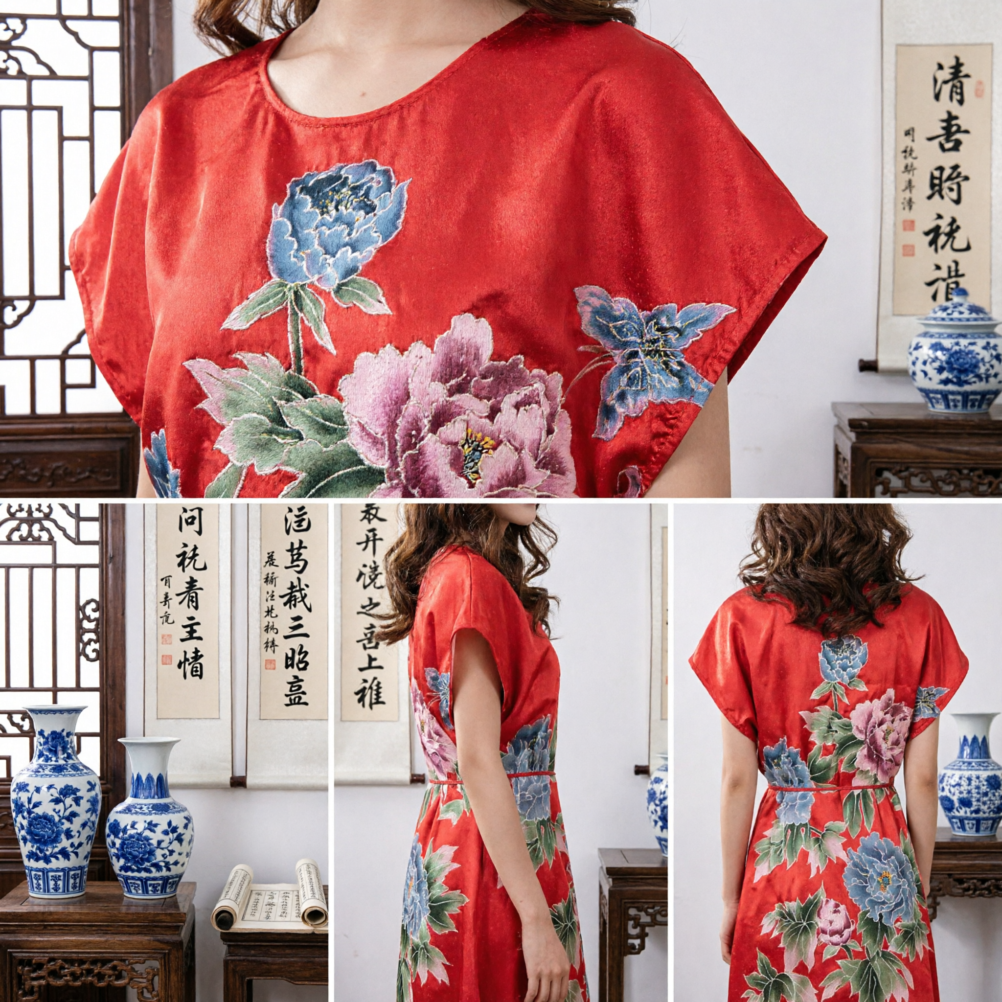 Women's Red Floral Print Chinese Style Qipao Dress Casual Summer Loose Fit Traditional Peony Clothing