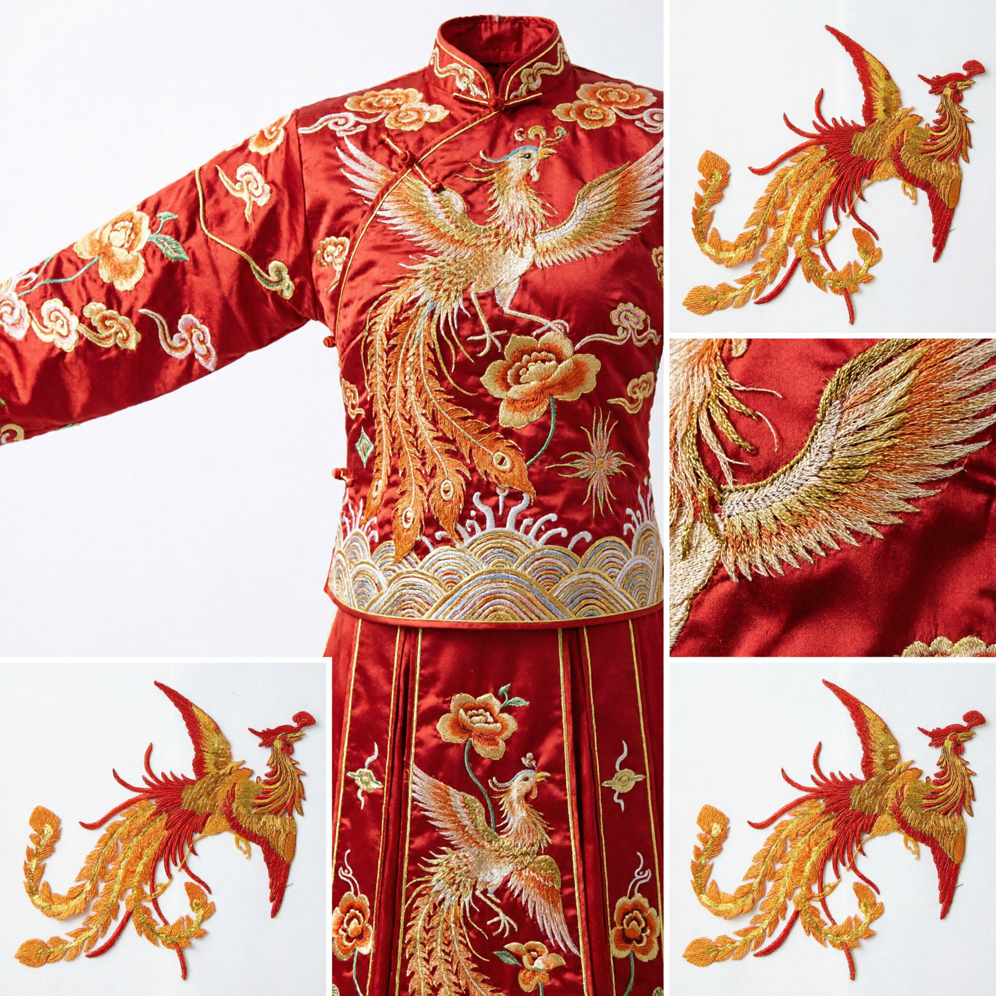 Traditional Chinese Phoenix Embroidered Patch Red Gold Fenghuang Applique for Hanfu Qipao Costume DIY Craft Accessory