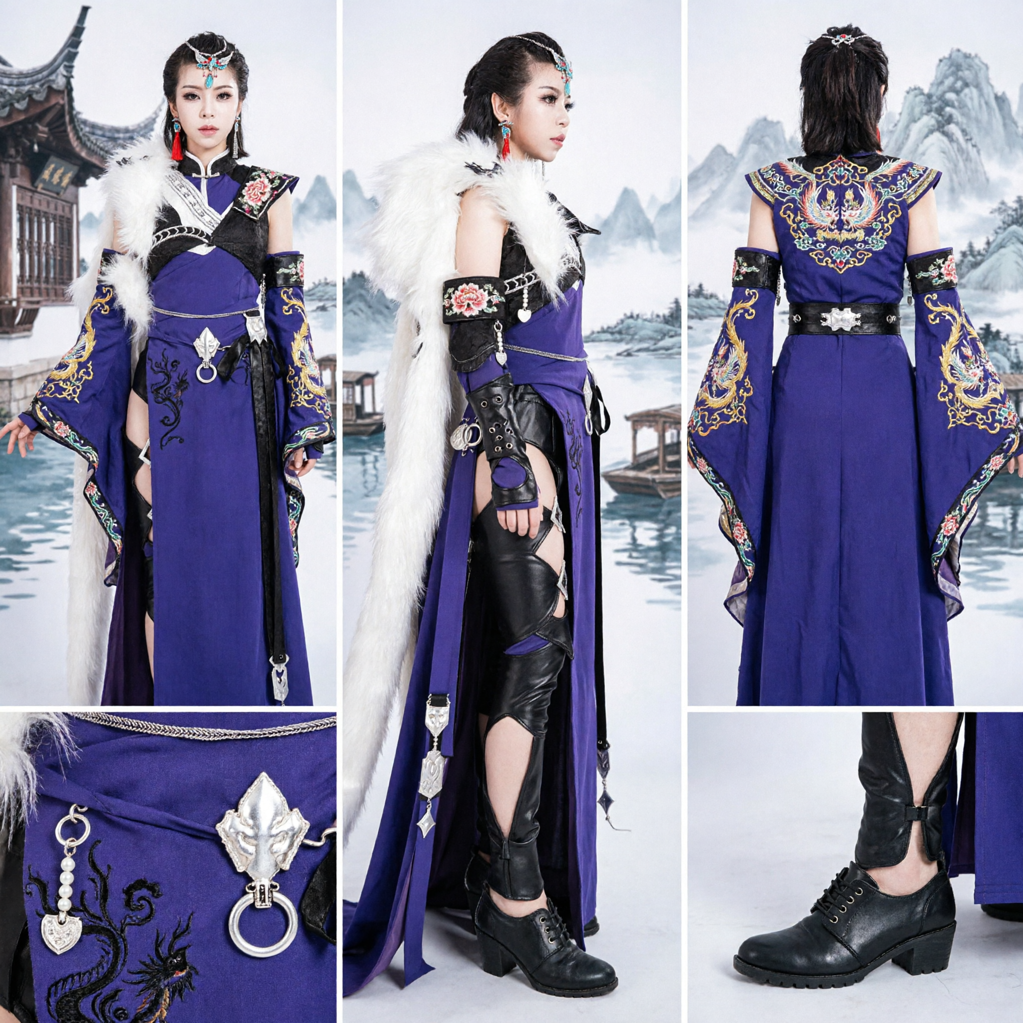 Traditional Chinese Wuxia Assassin Costume Purple Dress White Fur Cloak Female Cosplay Outfit for Adults
