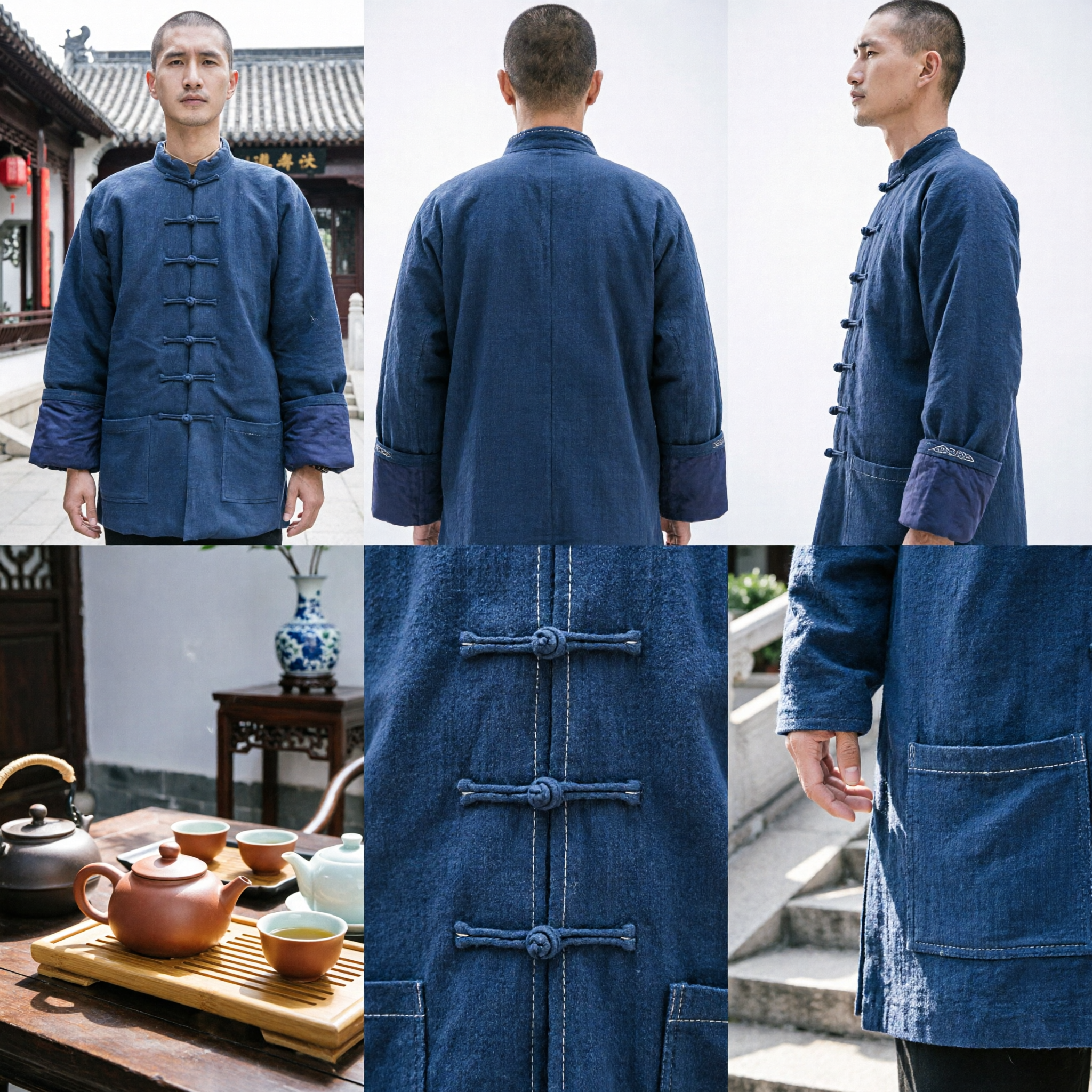 Men's Traditional Chinese Tang Suit Winter Cotton Padded Jacket Navy Blue Kung Fu Tai Chi Uniform