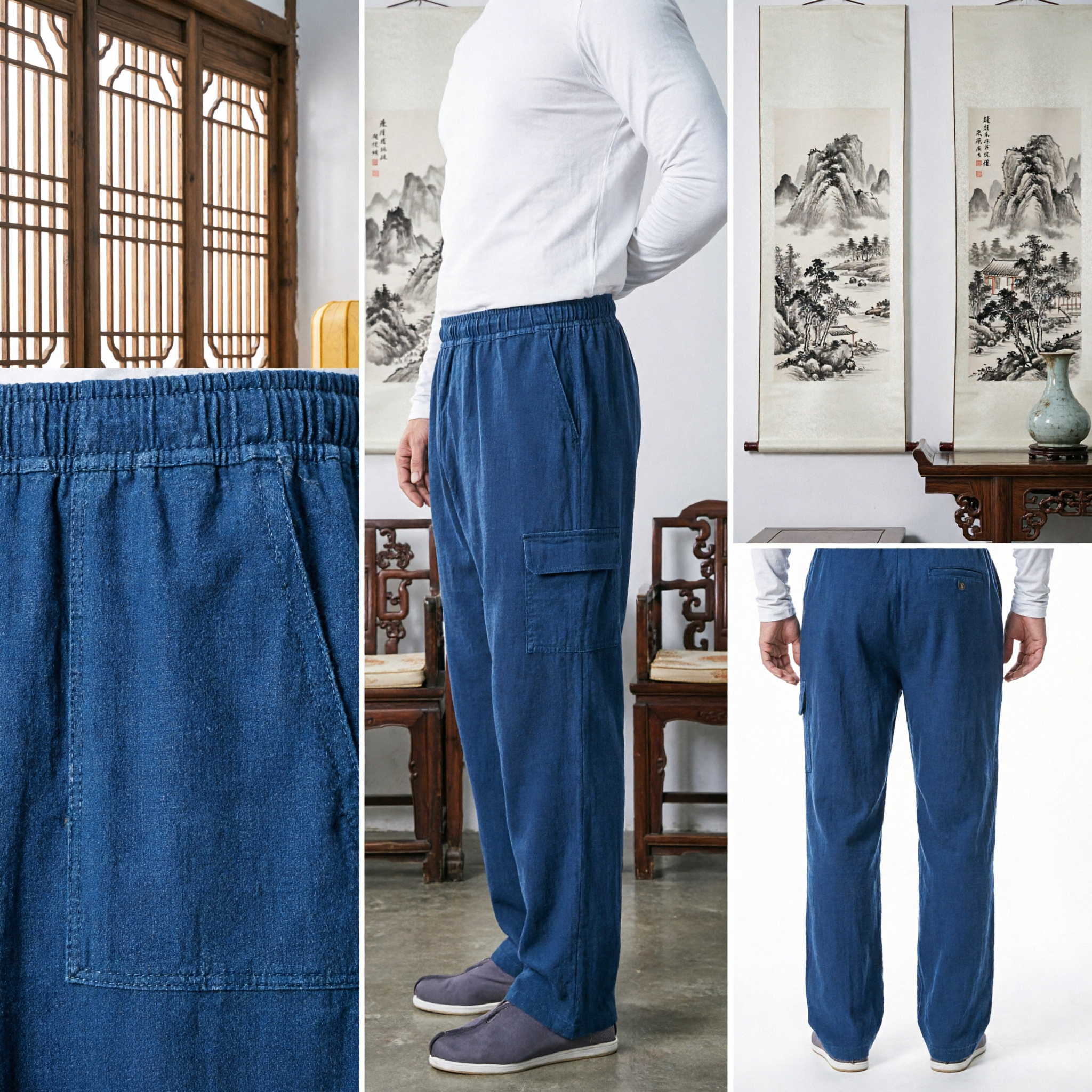 Men's Traditional Chinese Blue Linen Kung Fu Pants Loose Fit Tai Chi Martial Arts Trousers