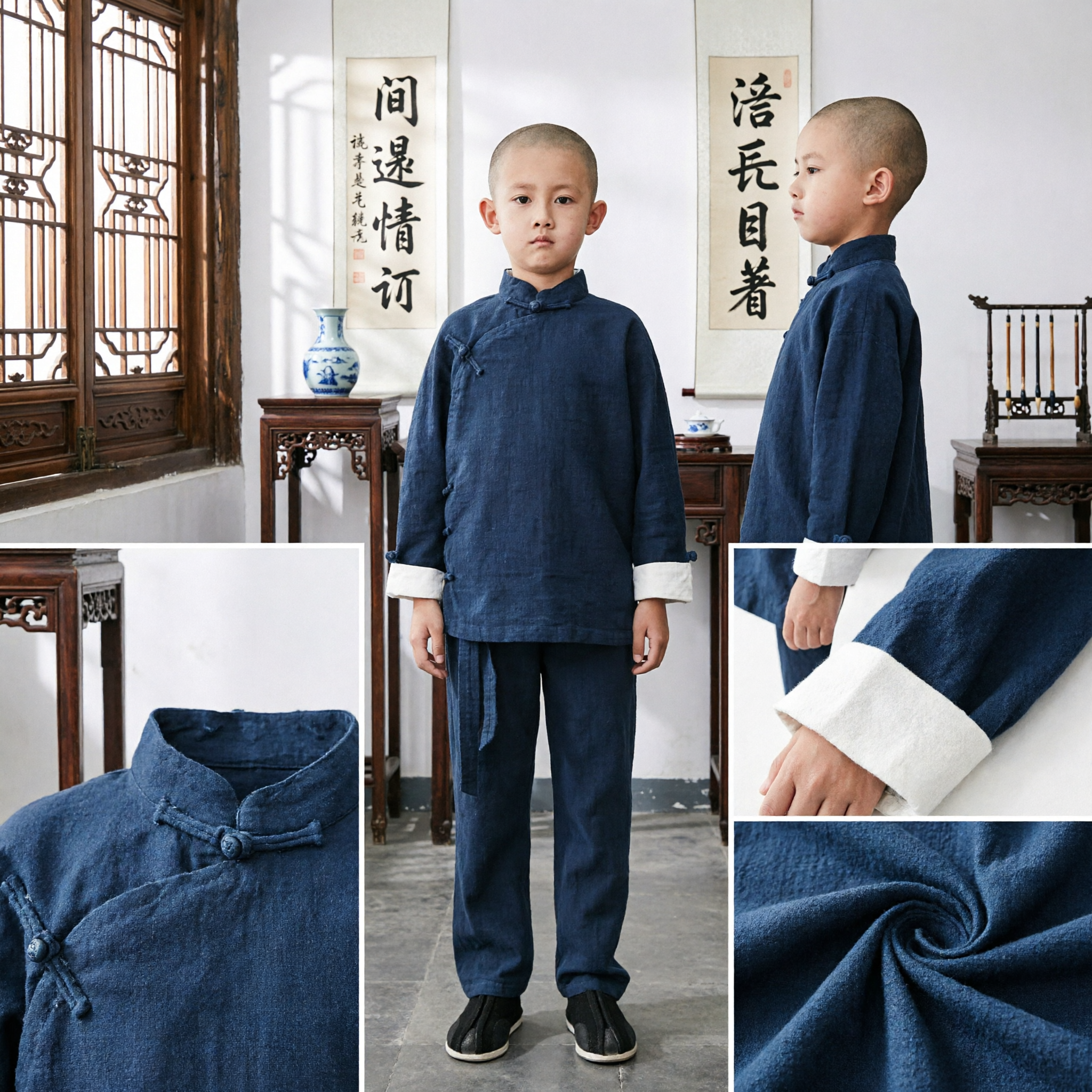 Traditional Chinese Kung Fu Costume for Boys Monk Tang Suit Cotton Linen Martial Arts Clothing Set