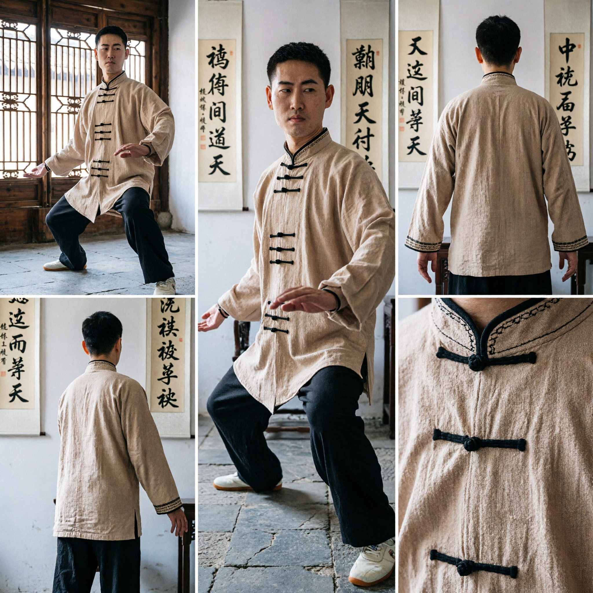 Men's Traditional Chinese Kung Fu Uniform Beige Tai Chi Suit with Mandarin Collar and Frog Buttons