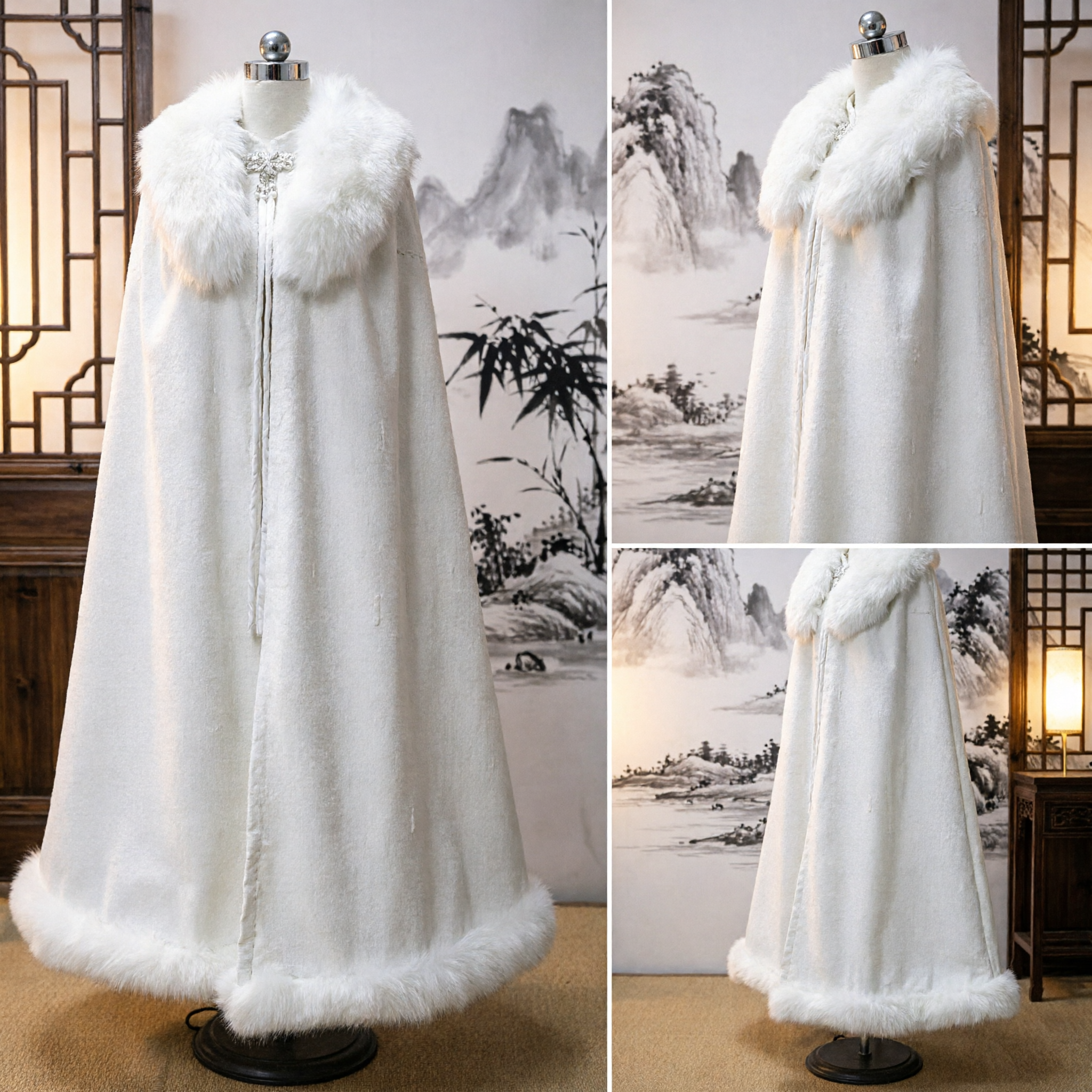 Elegant White Fur Trimmed Cloak Cape Winter Warm Hanfu Outerwear Traditional Chinese Costume for Women