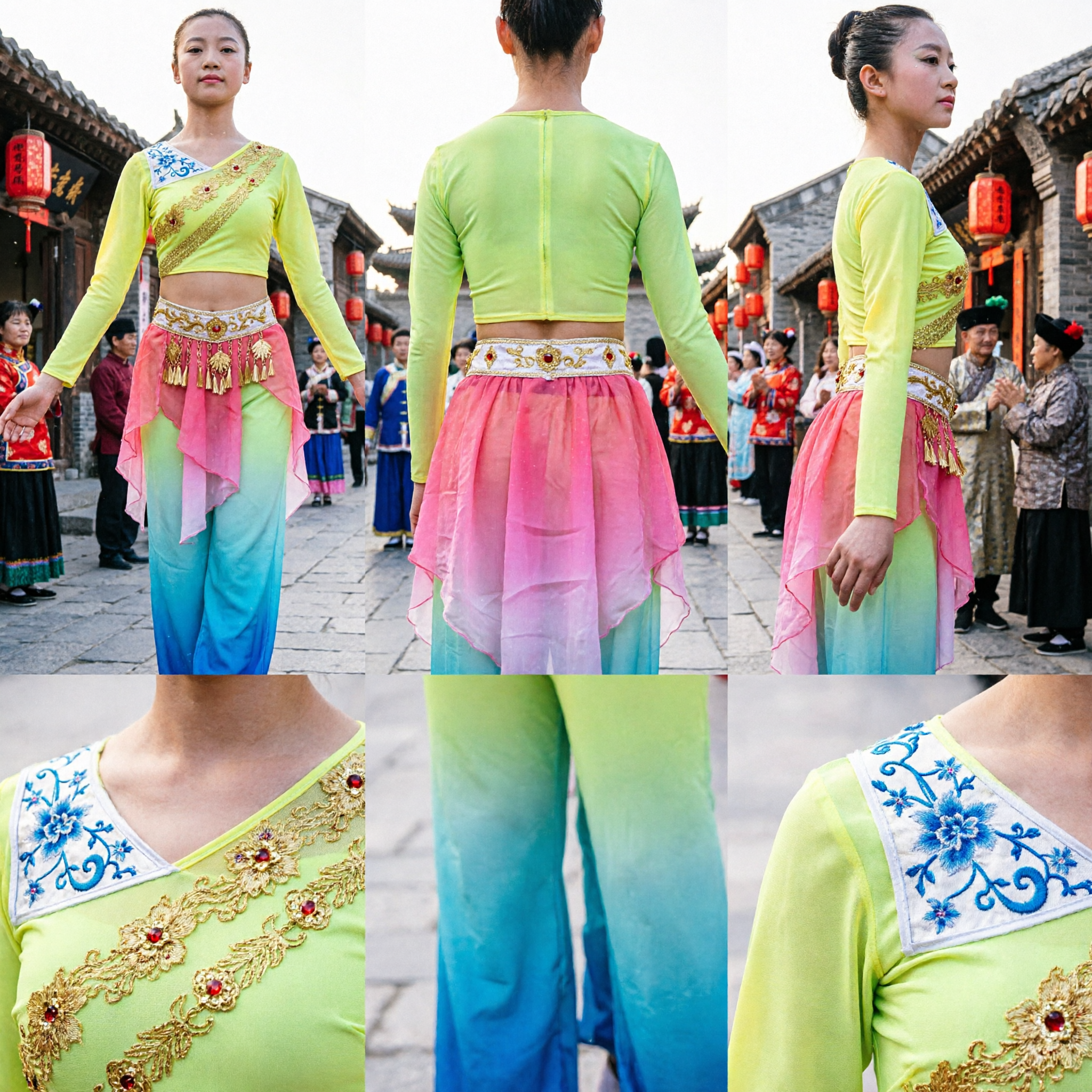 Girls Lime Green Acrobatic Unitard with Pink Sash for Traditional Chinese Dance Performance and Competition