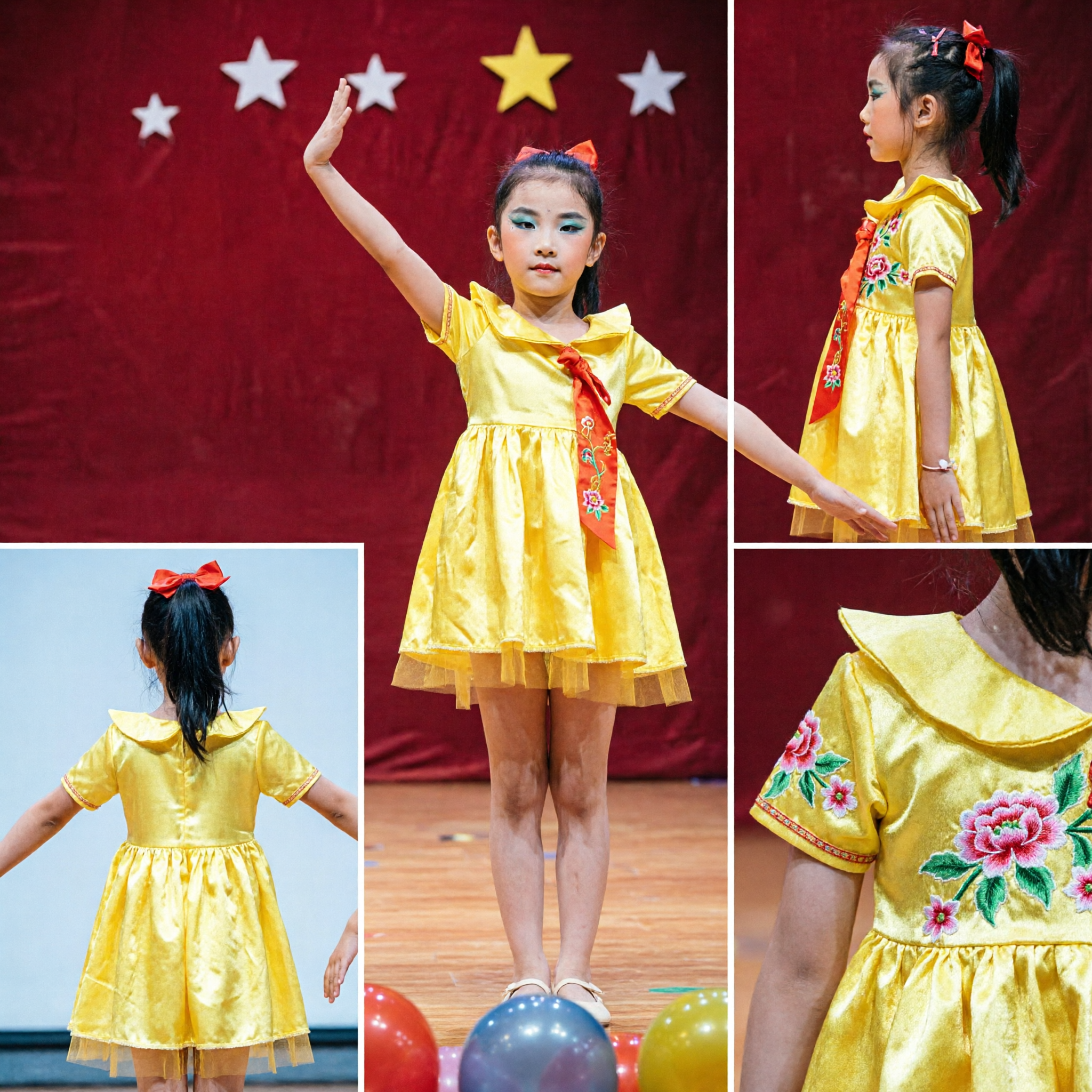 Bright Yellow Children's Stage Performance Dress for Chinese School Dance Group Costume with Red Scarf Accessory