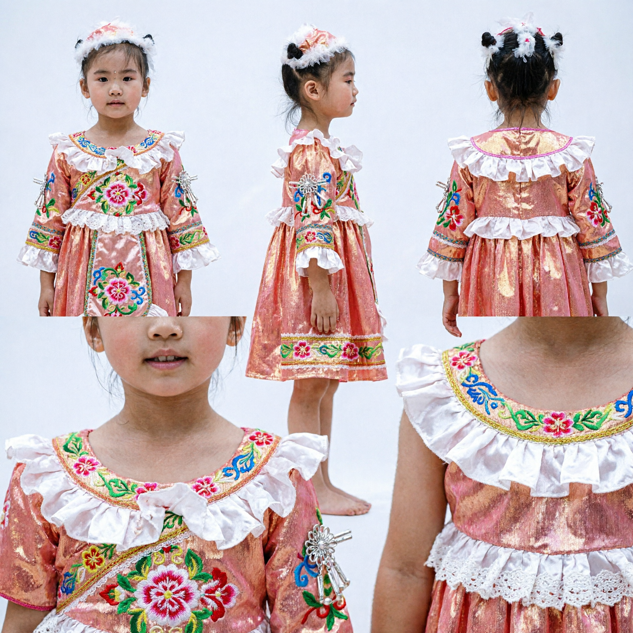 Shiny Orange Girls Stage Dance Costume with White Ruffles Traditional Performance Outfit for Kids