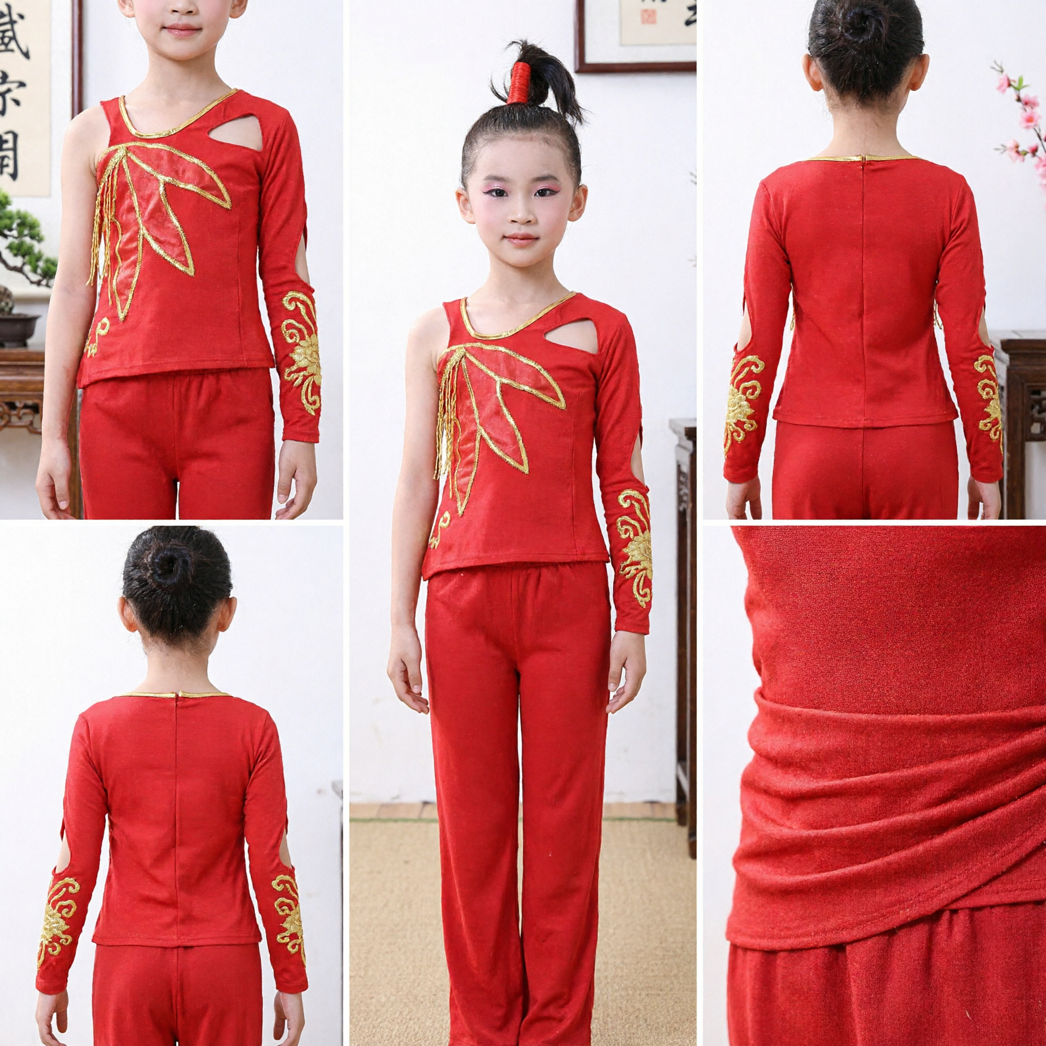 Traditional Red Chinese Folk Dance Costume for Girls Kids Stage Performance Dress with Gold Accents