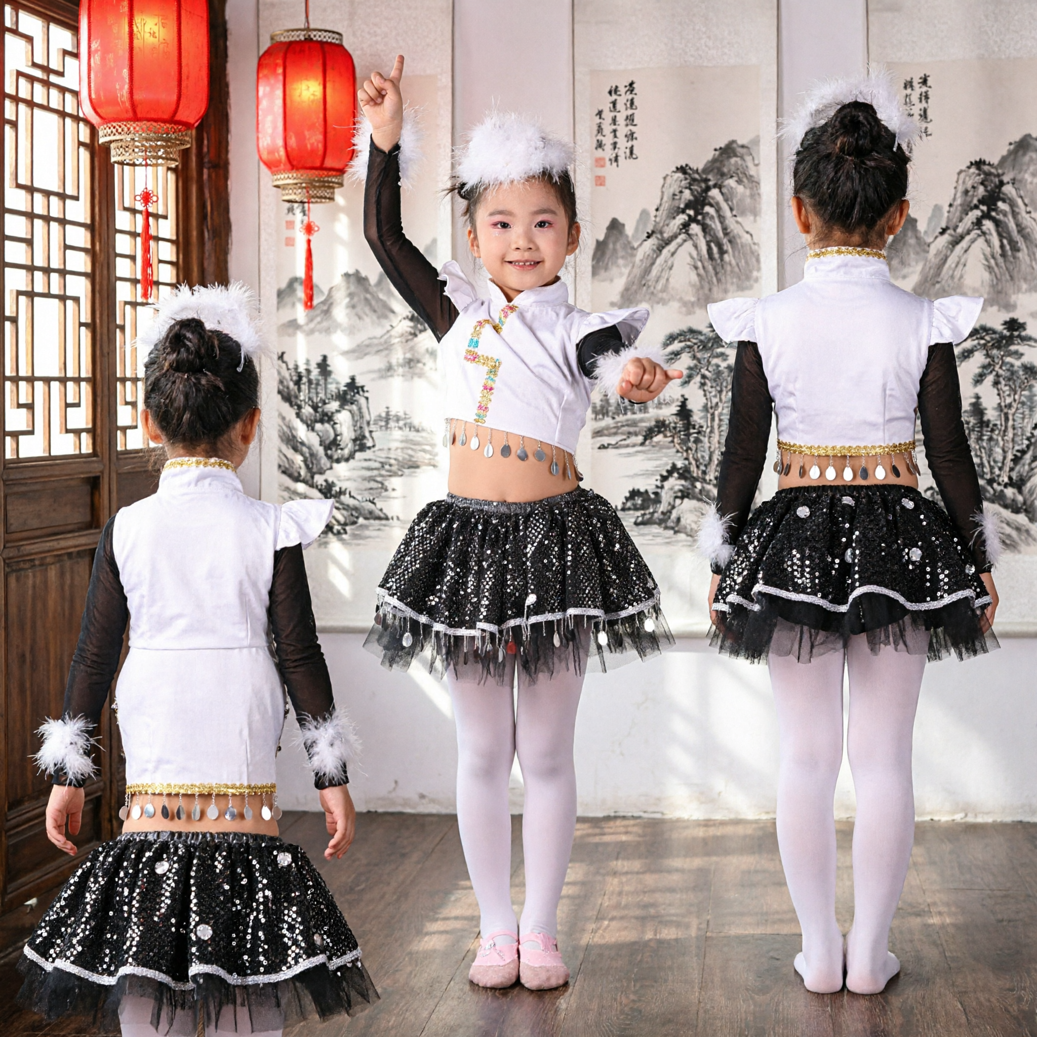 Girls Modern Ethnic Dance Costume White Crop Top Black Sequin Skirt Stage Performance Outfit Set