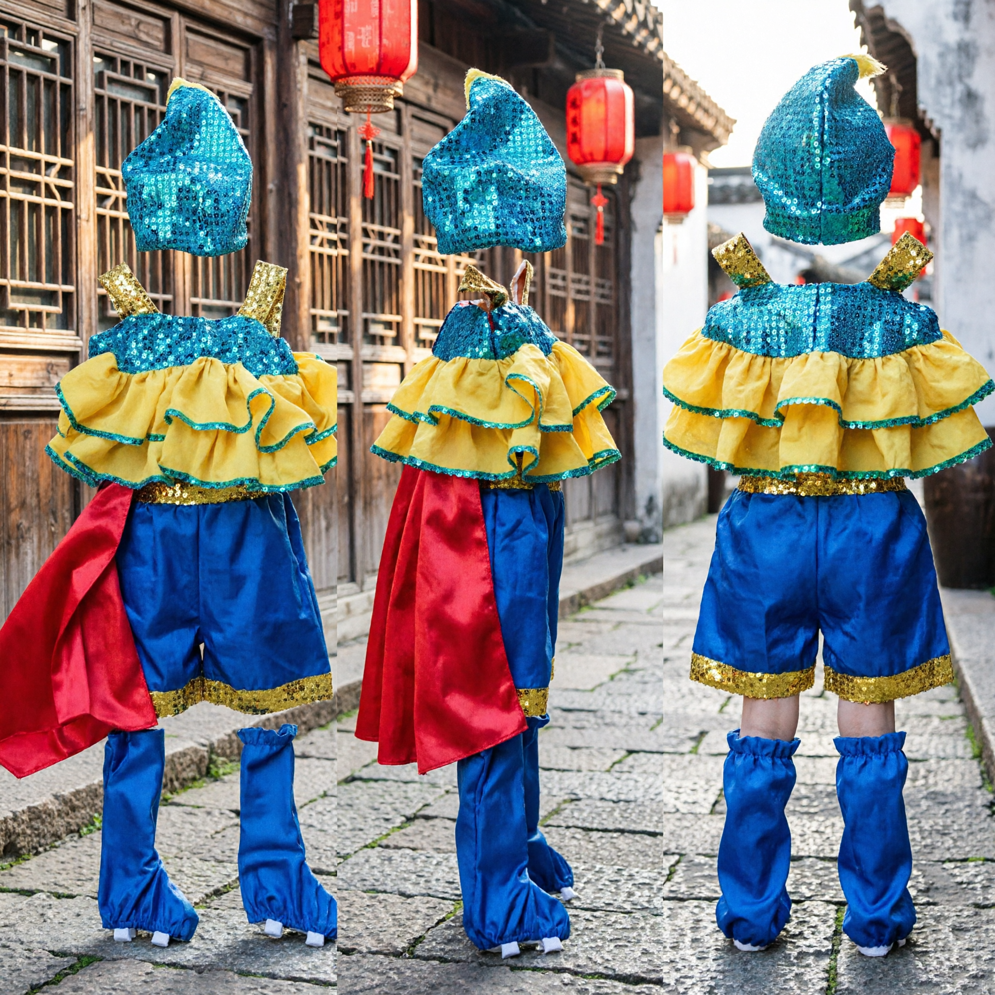 Traditional Chinese Folk Dance Costume Blue Sequined Top Yellow Ruffles Pants and Hat Set for Stage Performance
