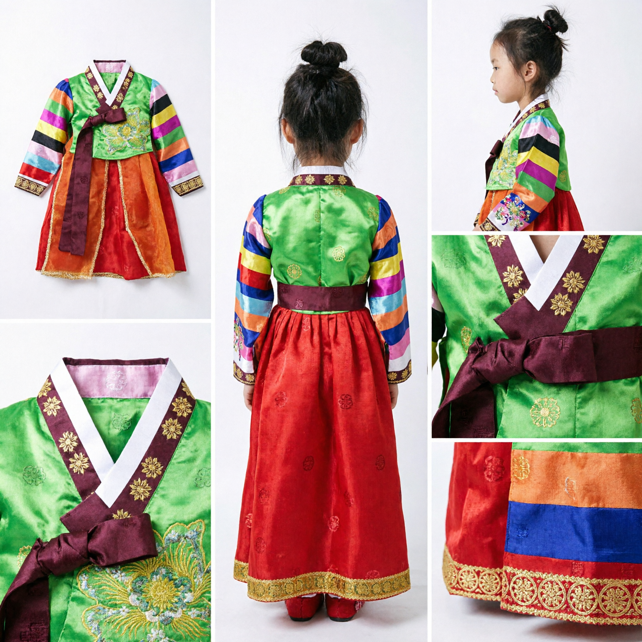 Traditional Korean Hanbok for Girls Colorful Striped Sleeve Jeogori and Orange Chima Skirt Kids Performance Costume