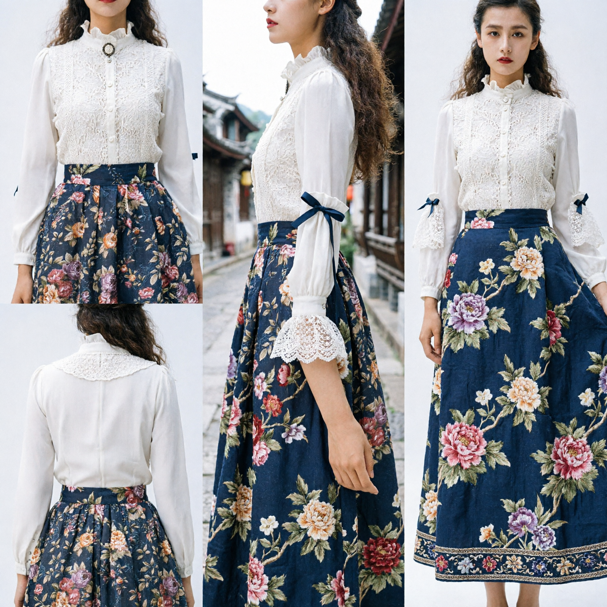 Elegant White Lace Ruffle Collar Blouse and Floral Print Skirt Set Vintage Chinese Traditional Costume