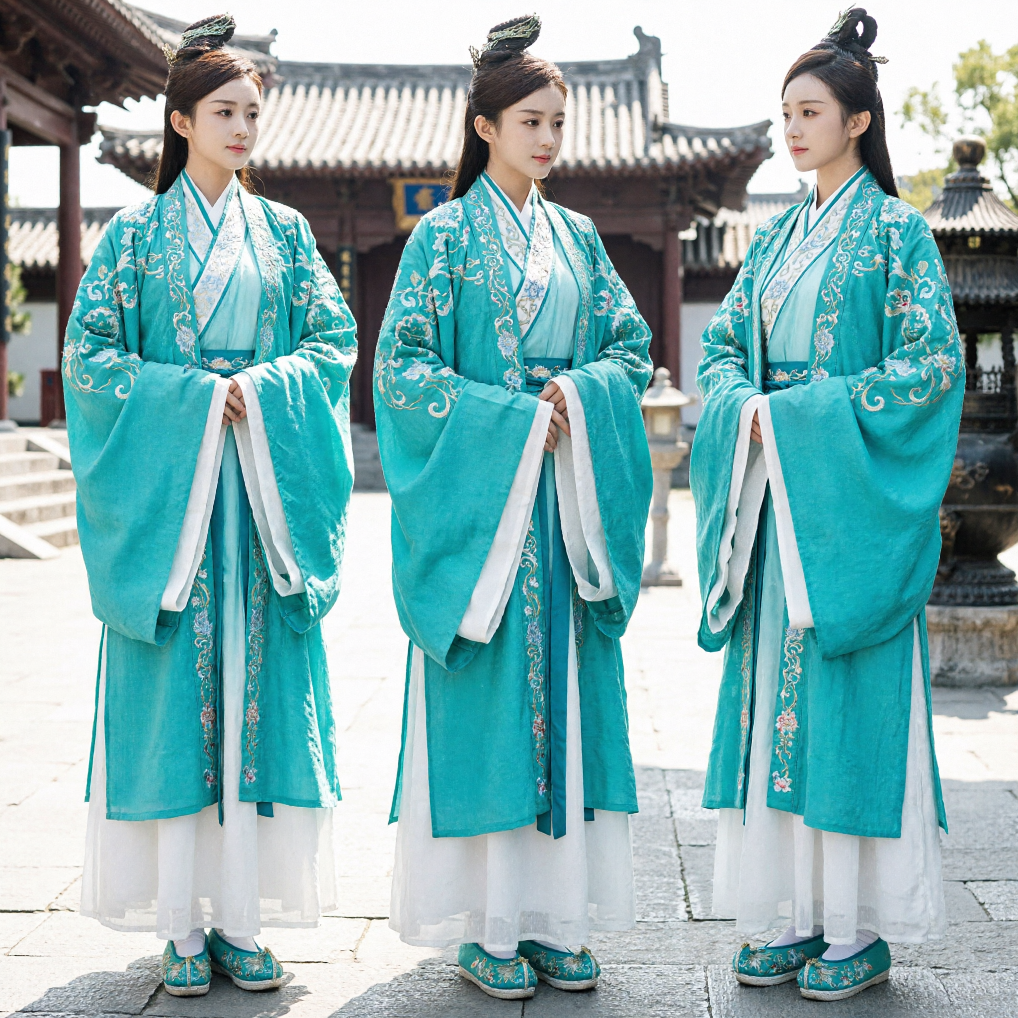 Ancient Chinese Teal Hanfu Costume Women's Embroidered Robe Traditional Wuxia Princess Cosplay Dress