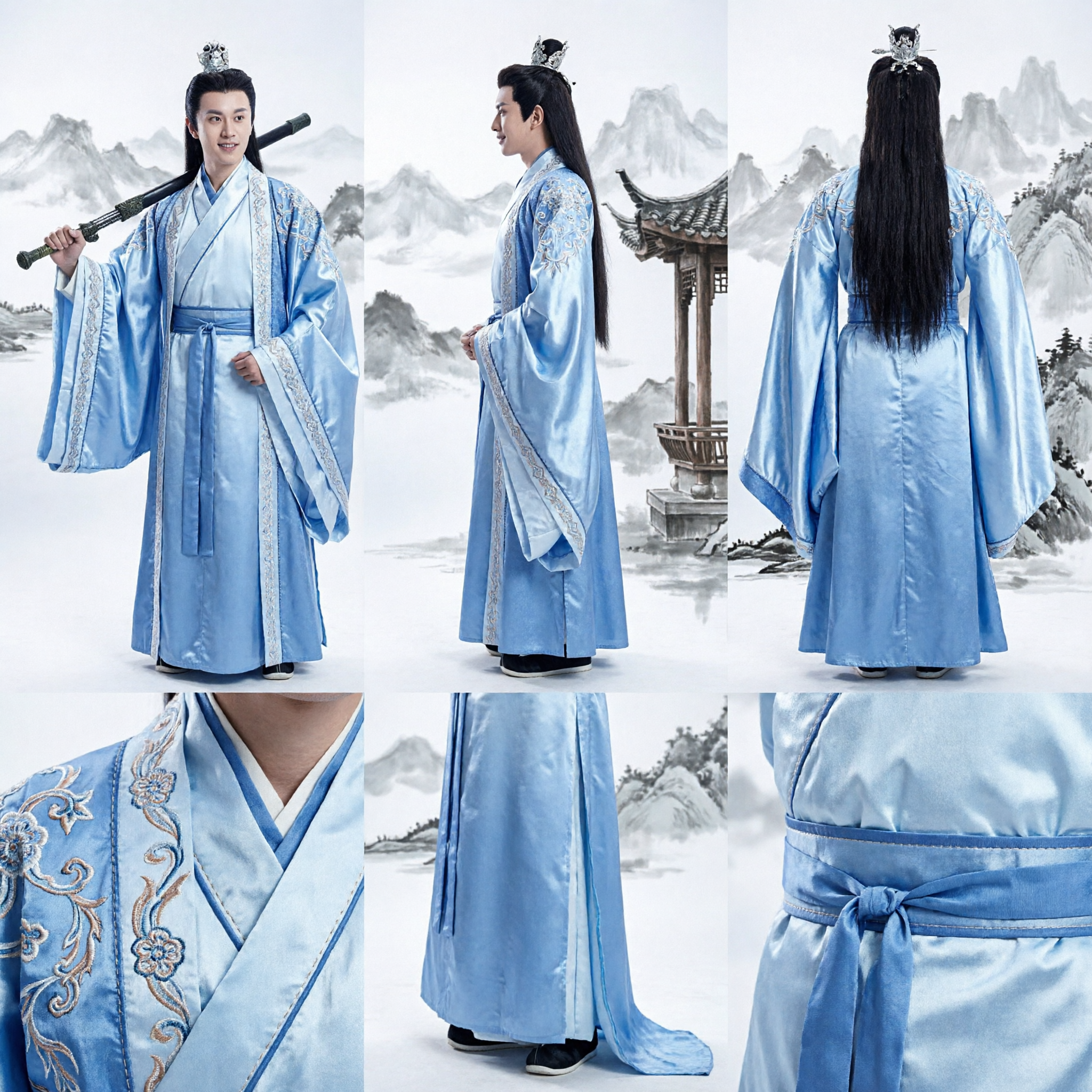 Men's Ancient Chinese Swordsman Hanfu Costume Traditional Wuxia Cosplay Blue Robe Outfit for Adults