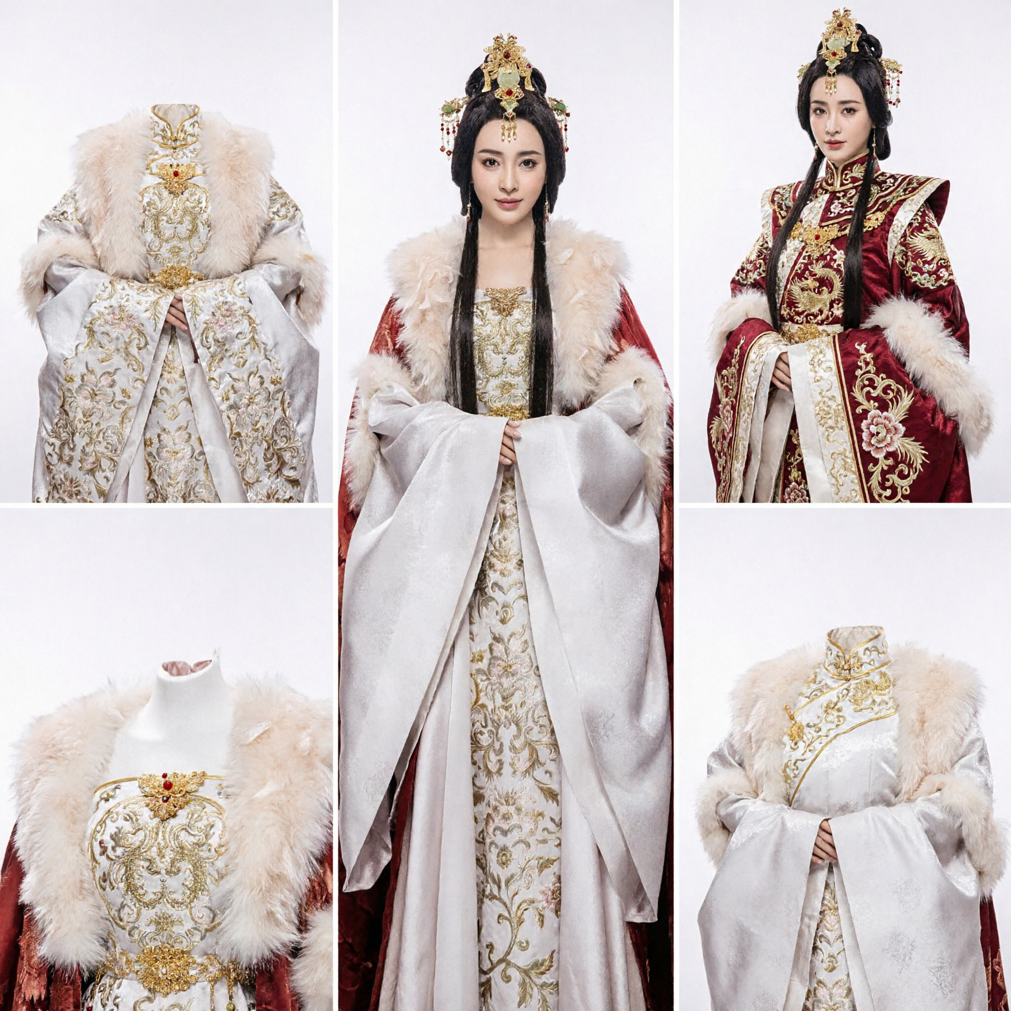 Ancient Chinese Empress Red Fur Cloak and Gold Embroidered Hanfu Dress Set for Traditional Period Drama Cosplay Women