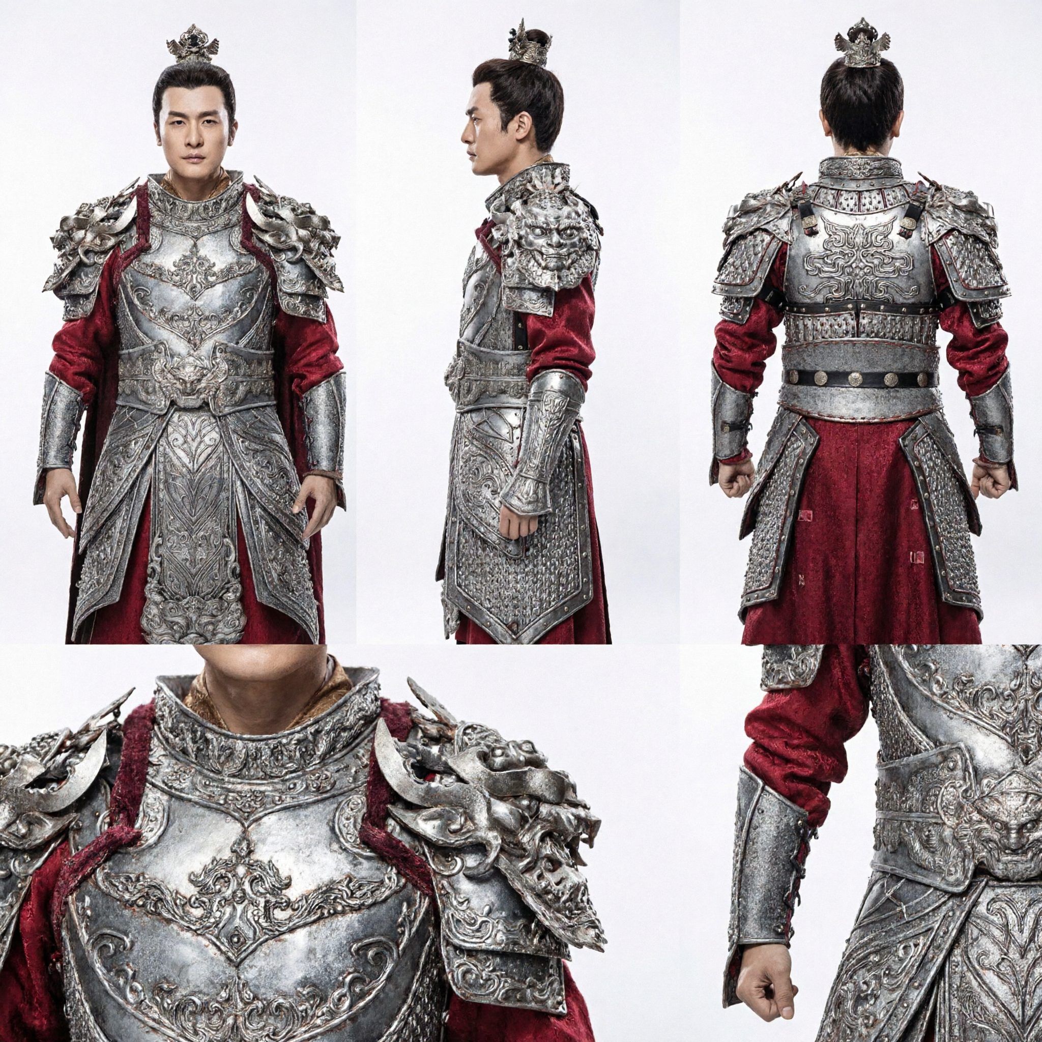 Men's Ancient Chinese General Silver Dragon Armor Costume Historical Prince Warrior Outfit for Cosplay