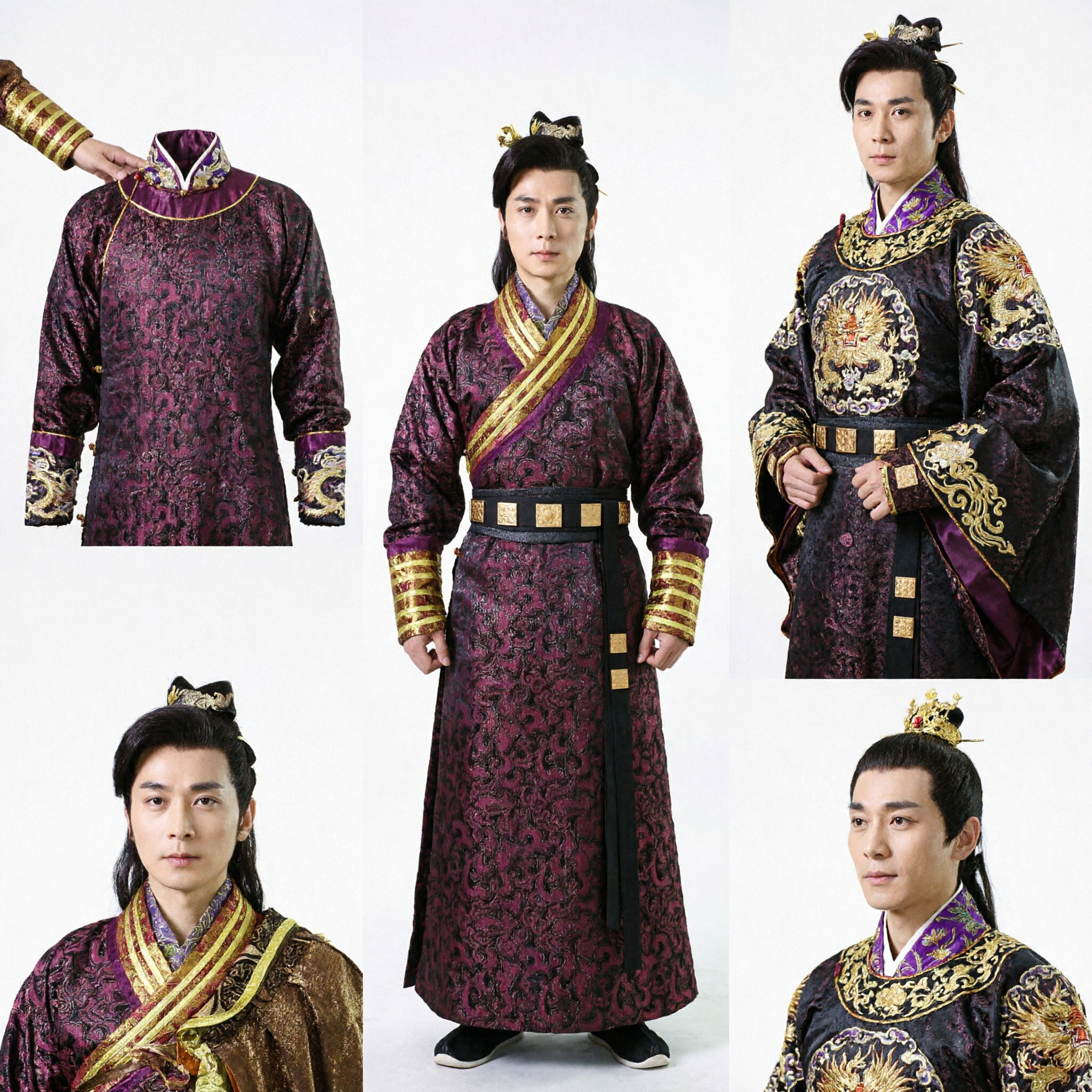 Ancient Chinese Nobleman Costume Men Traditional Hanfu Robe Purple Gold Brocade for Cosplay Stage Play
