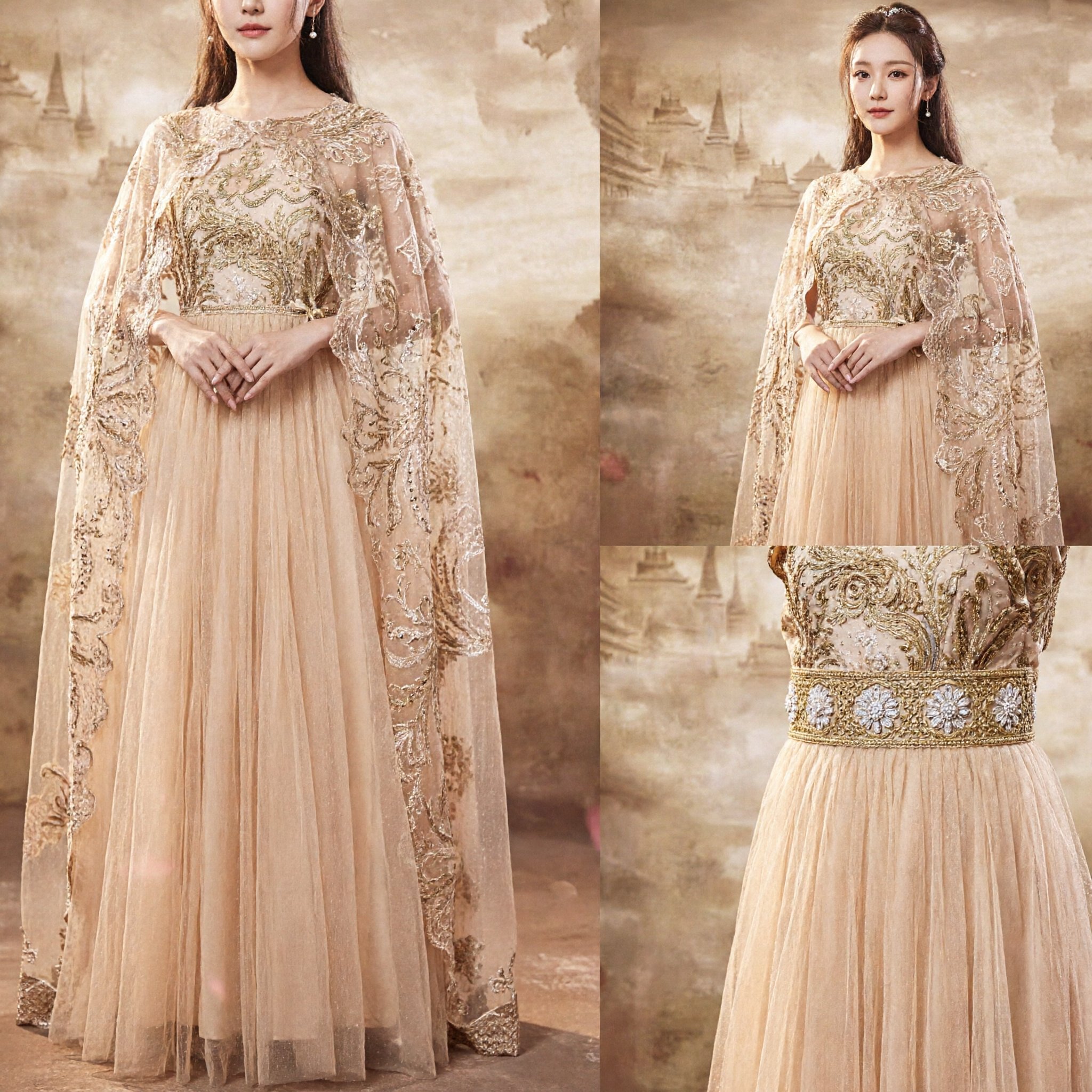 Elegant Champagne Gold Chinese Traditional Wedding Dress for Bride with Embroidered Lace Cape and Tulle Skirt Evening Gown