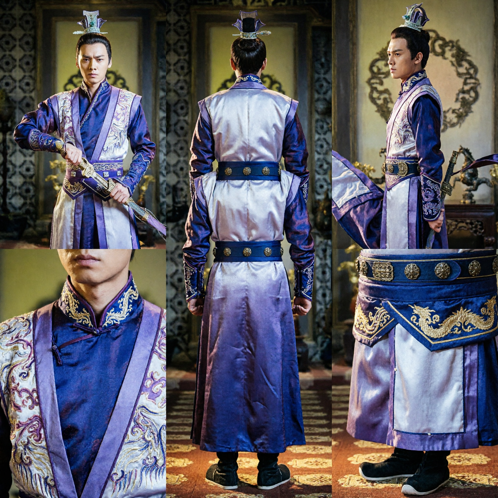 Men's Traditional Chinese Ancient Swordsman Hanfu Costume Blue Embroidered Prince Robe Historical Drama Cosplay Outfit