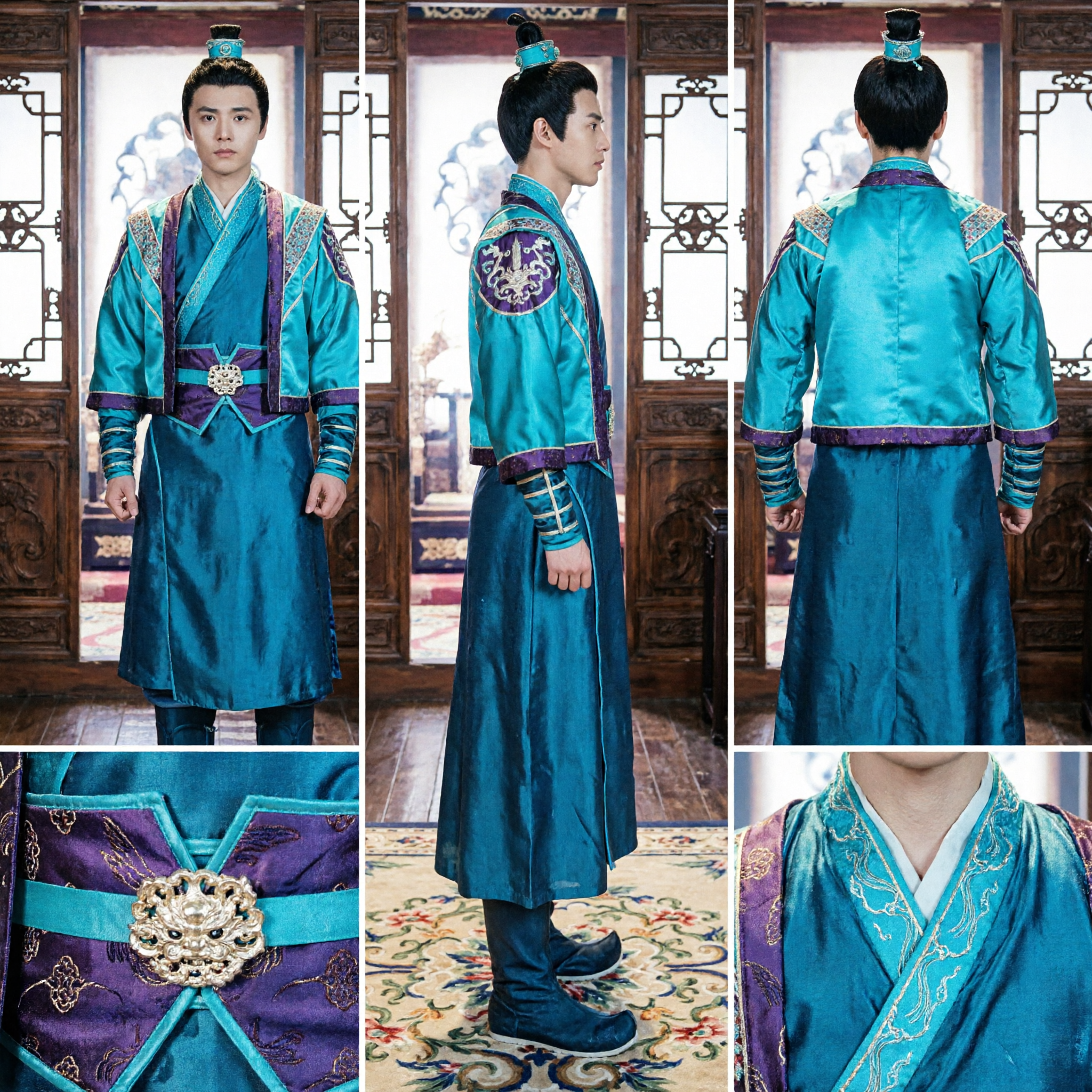 Men's Teal Chinese Wuxia Martial Arts Costume Traditional Swordsman Hanfu Outfit for Cosplay