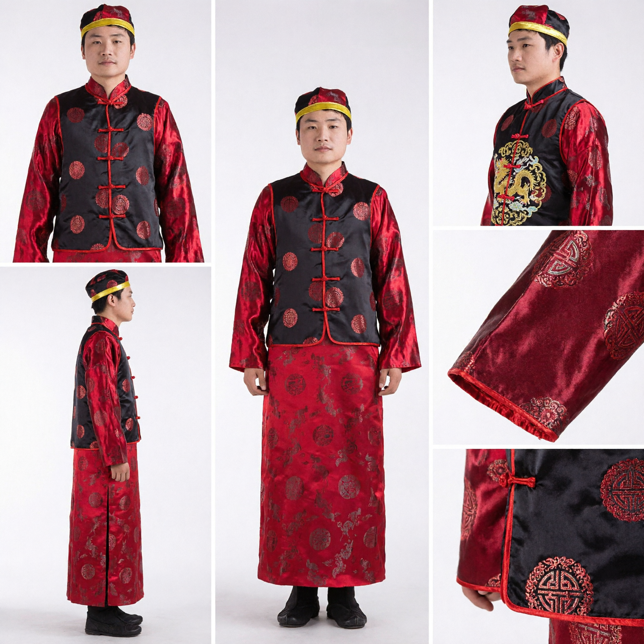 Traditional Chinese Men's Wedding Costume Red Changshan Robe Black Magua Vest Hat Set for Groom