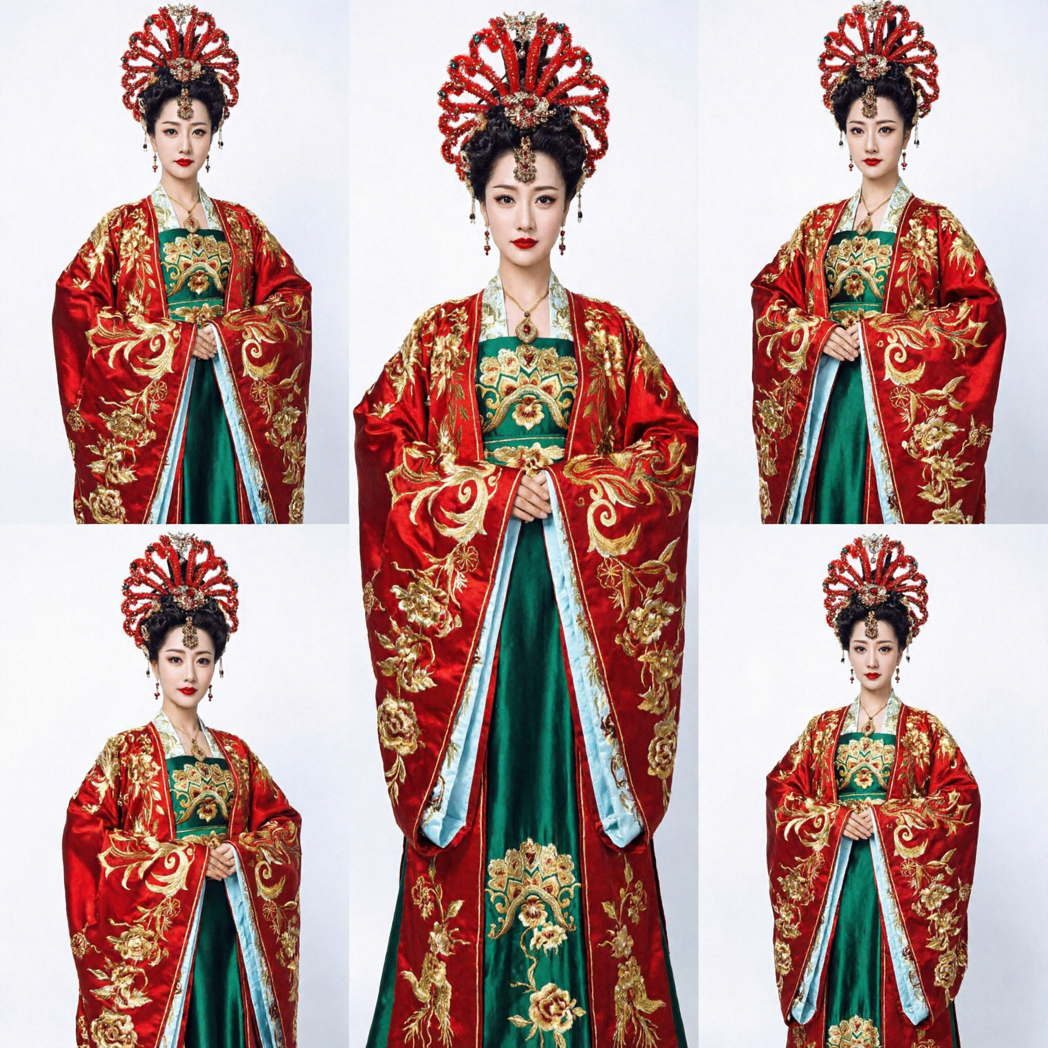 Ancient Chinese Tang Dynasty Empress Costume Red Robe Green Dress Hanfu Wedding Outfit for Women