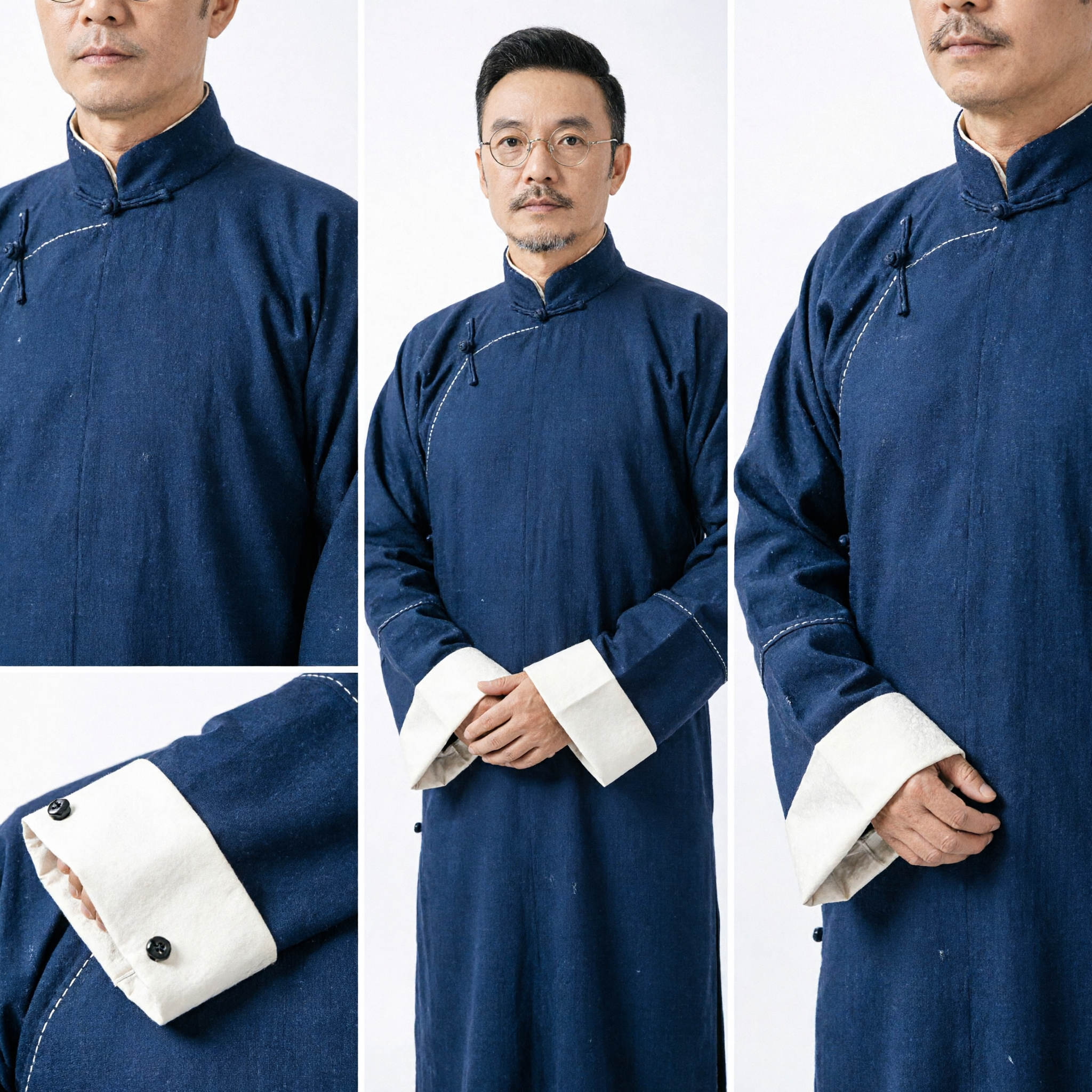 Traditional Chinese Men's Changshan Robe Navy Blue Tang Suit Republic of China Scholar Stage Performance Costume