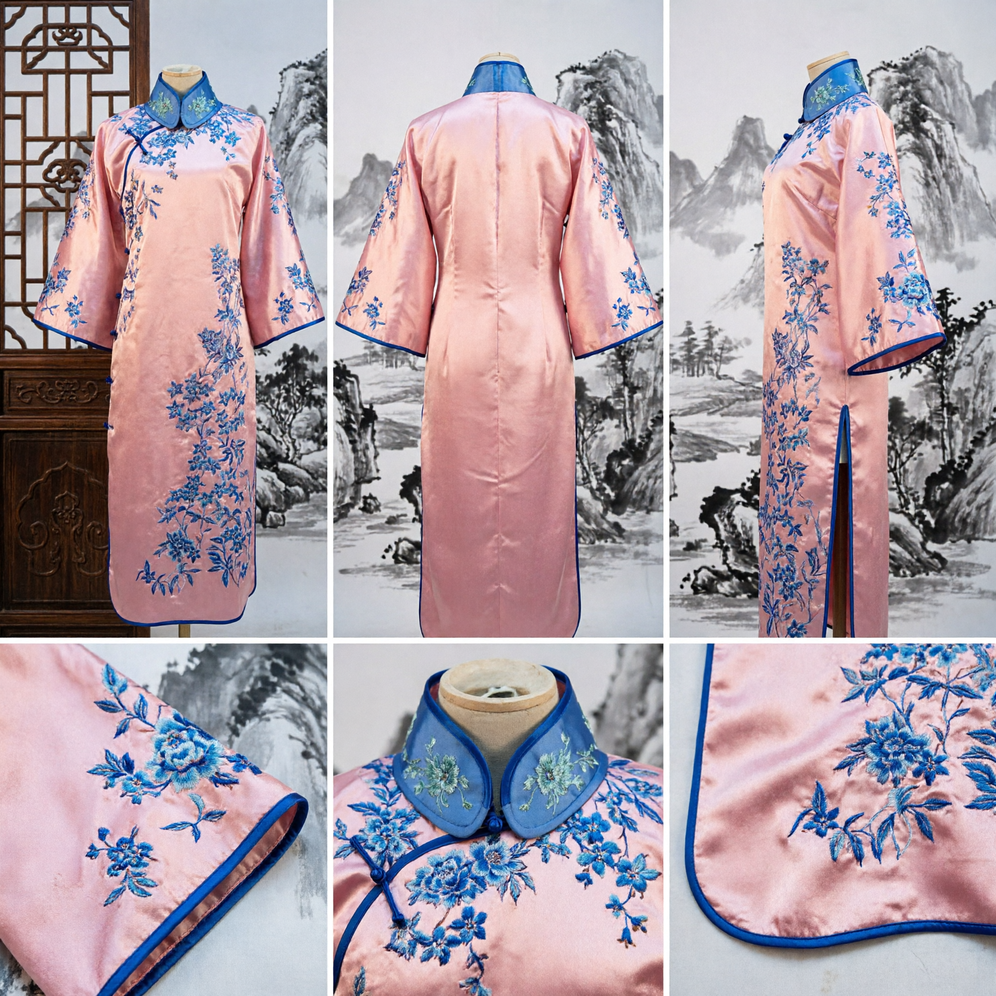 Pink Traditional Chinese Cheongsam with Blue Floral Embroidery Wide Sleeve Ancient Dress for Women Performance