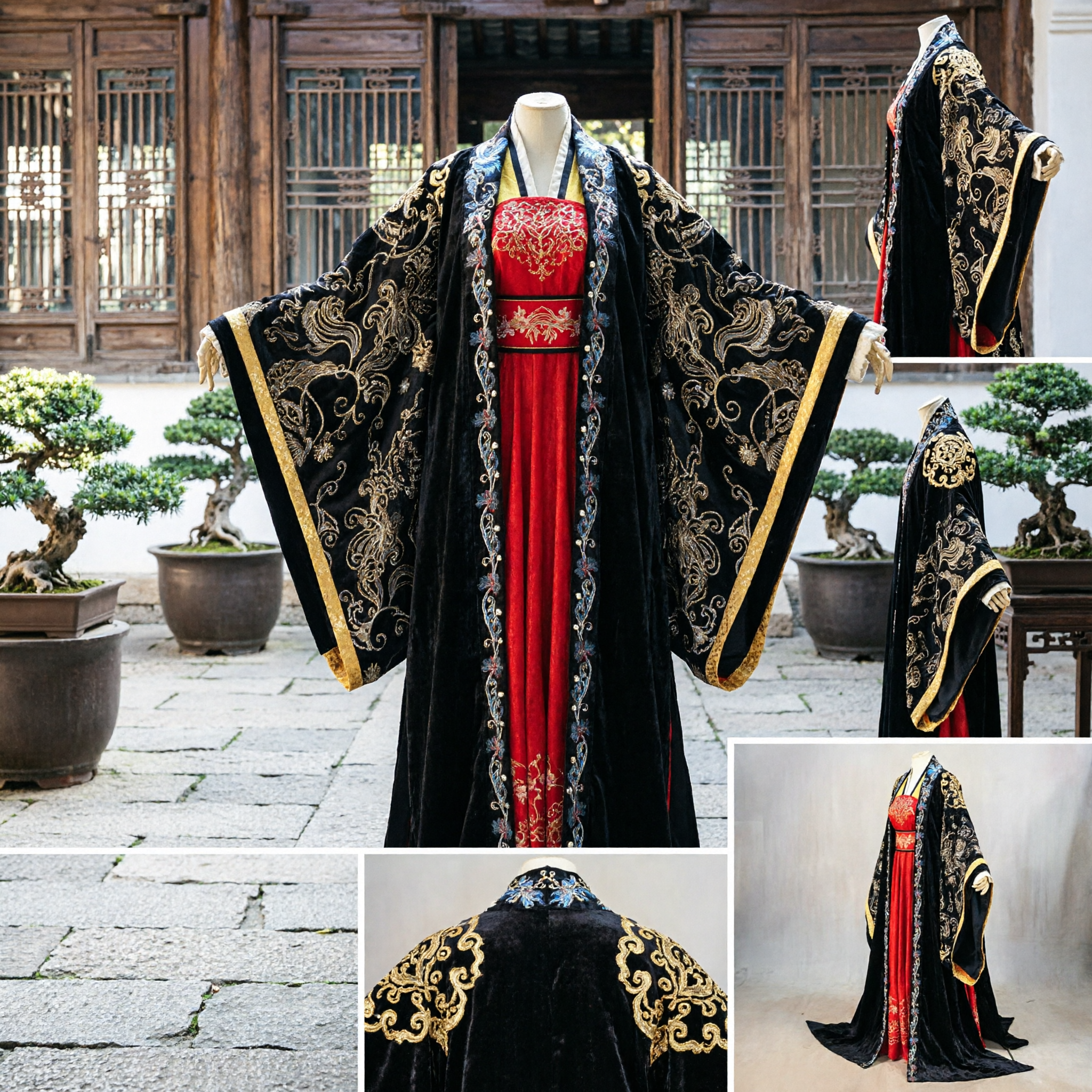 Traditional Chinese Ancient Princess Costume Black Gold Embroidery Outer Robe Red Dress Hanfu Set for Women