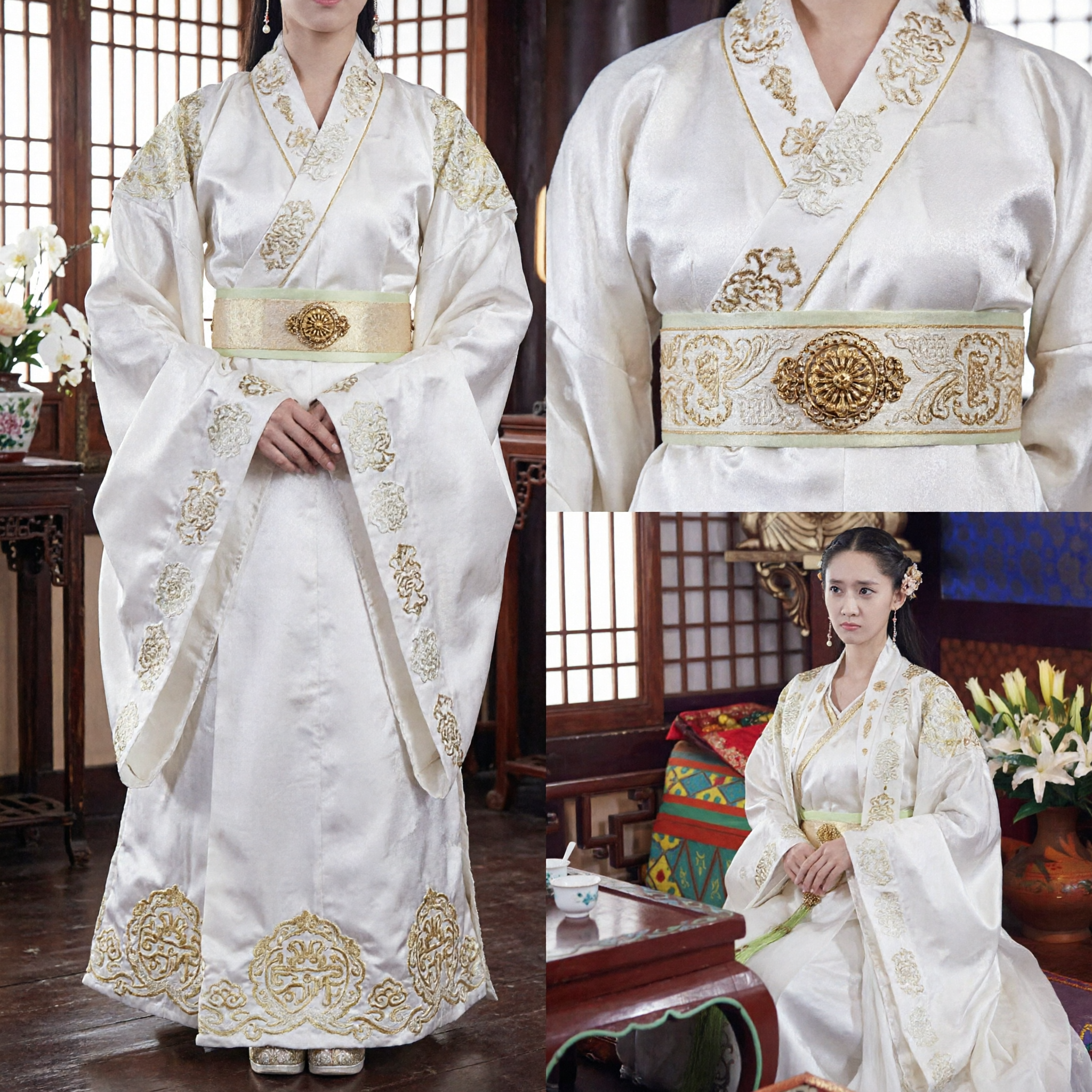 Ancient Chinese Palace Lady White Hanfu Costume Gold Embroidery Traditional Noble Dress for Women
