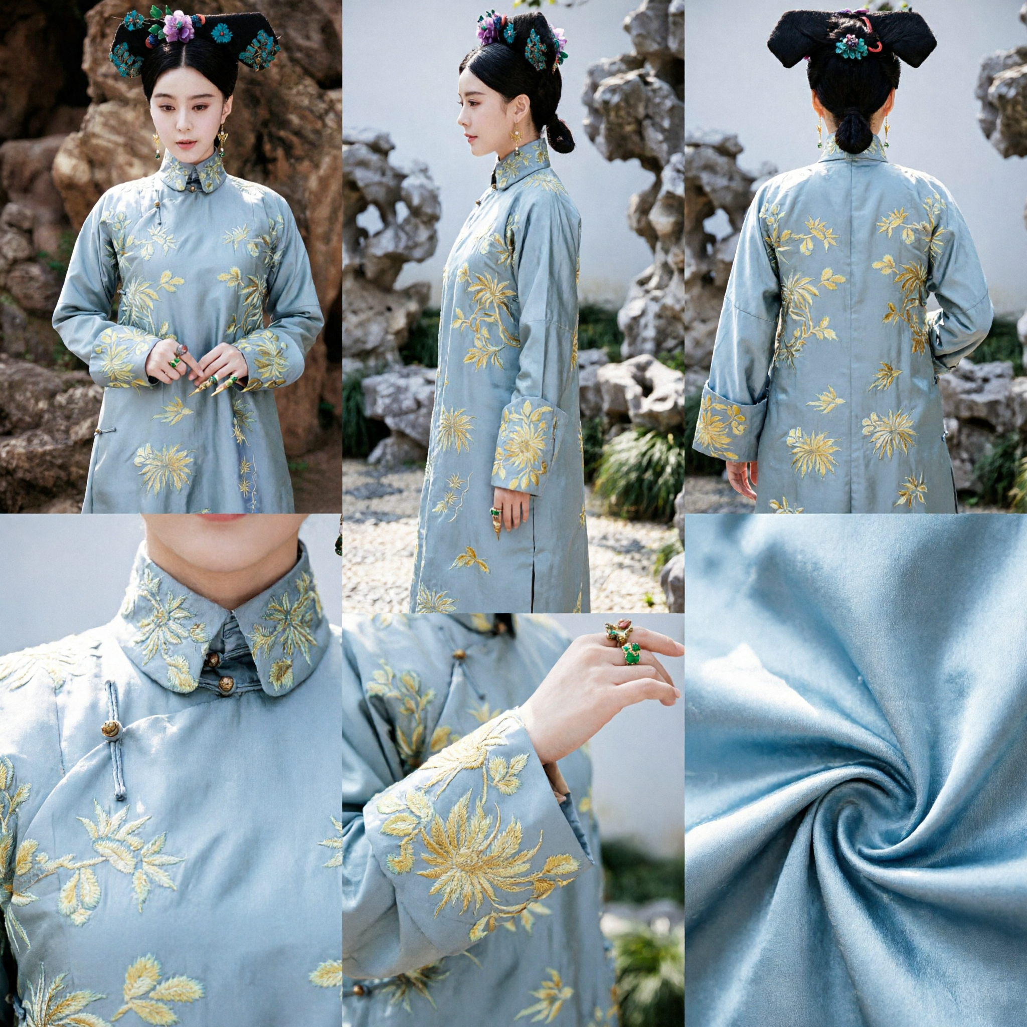 Ancient Chinese Qing Dynasty Imperial Concubine Costume Light Blue Floral Embroidery Manchu Robe for Women Cosplay